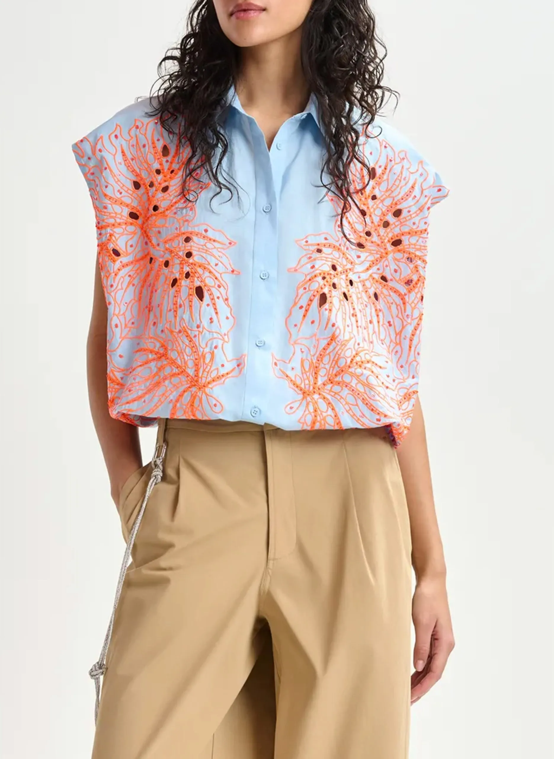 Chemise col classique brodée en coton Bleu HEBRASKA