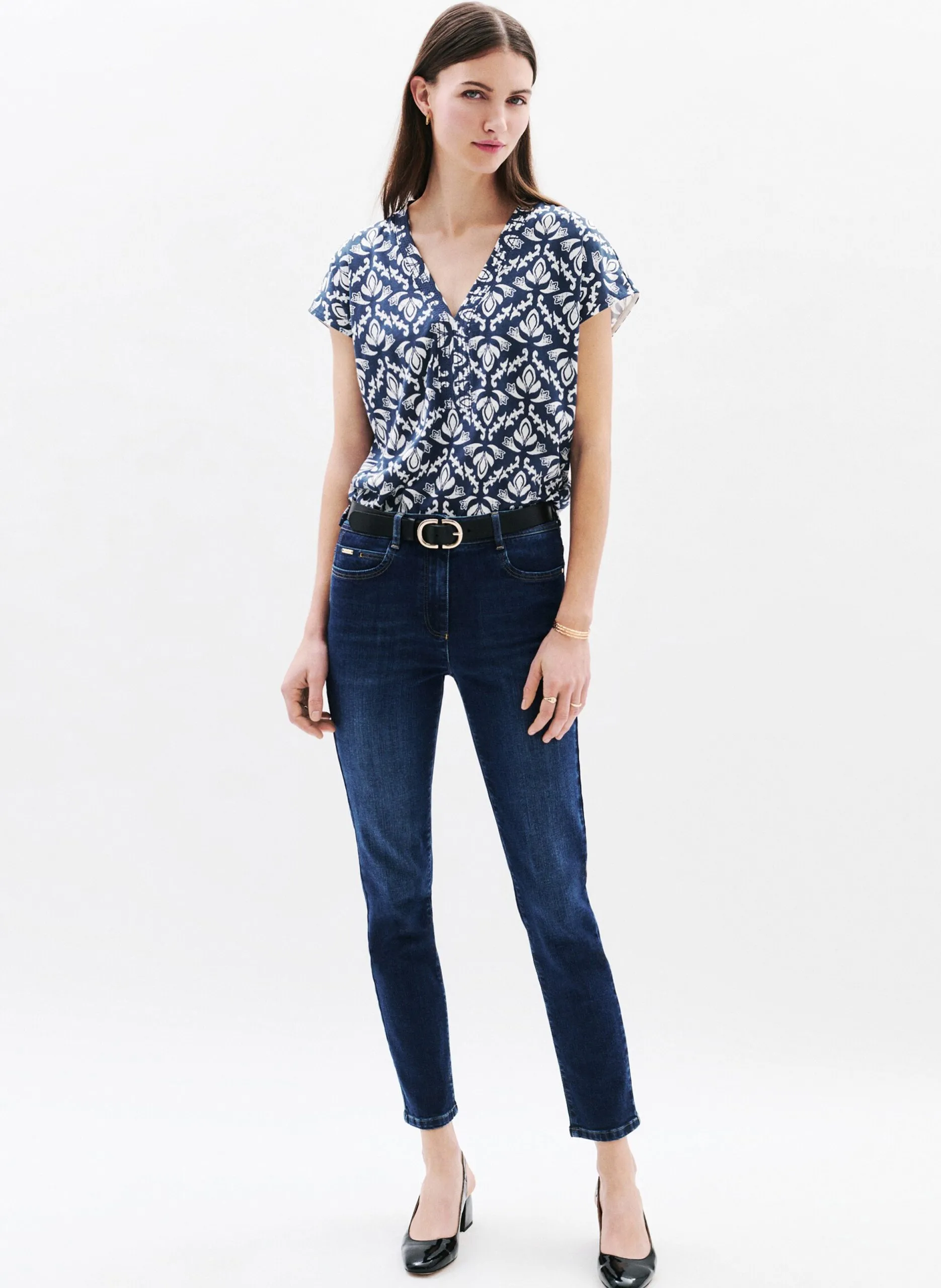 Top col v à imprimé floral Bleu 251T-TIKAT2