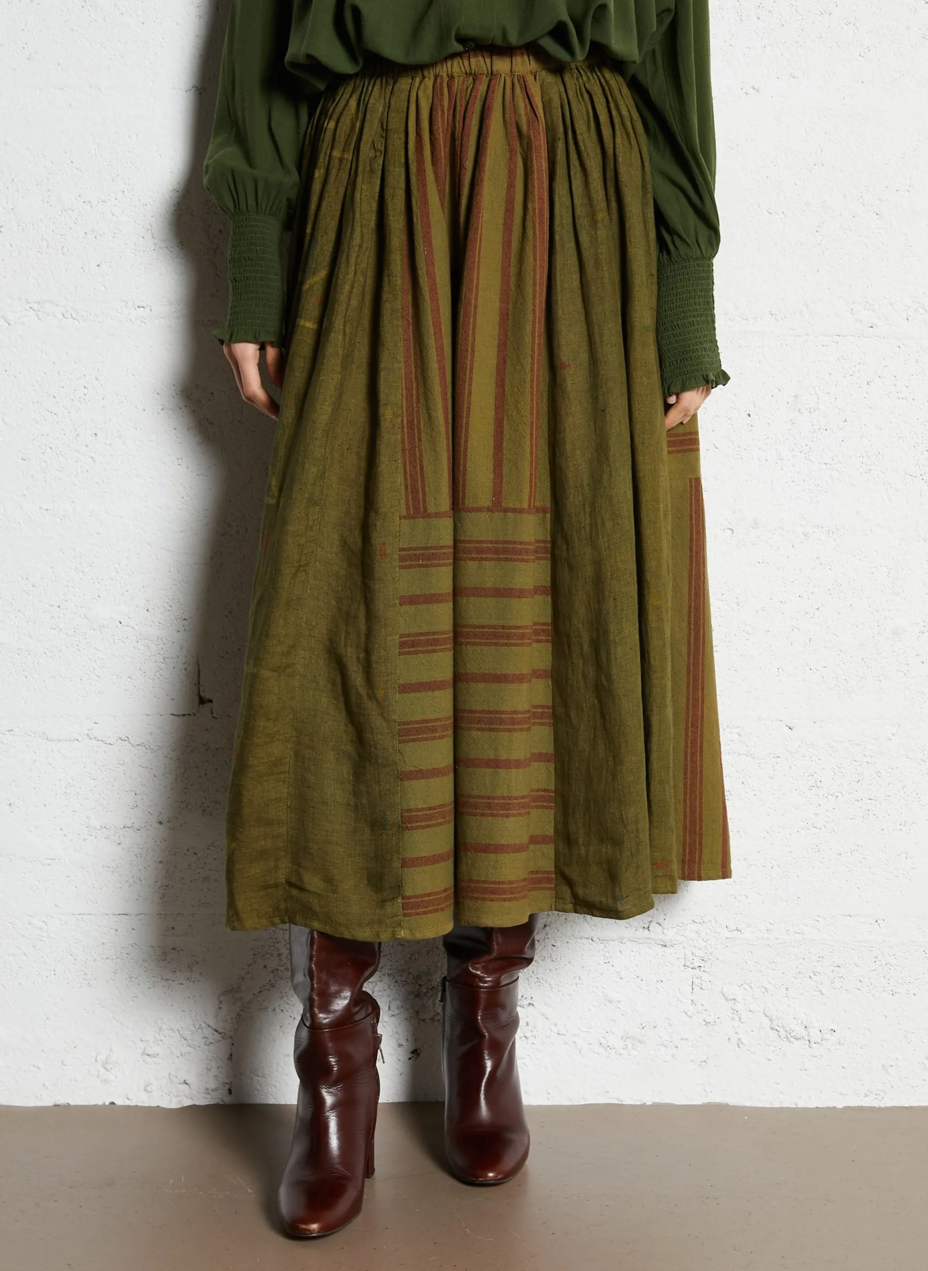 Jupe midi évasée à détails rayés Kaki ALMA