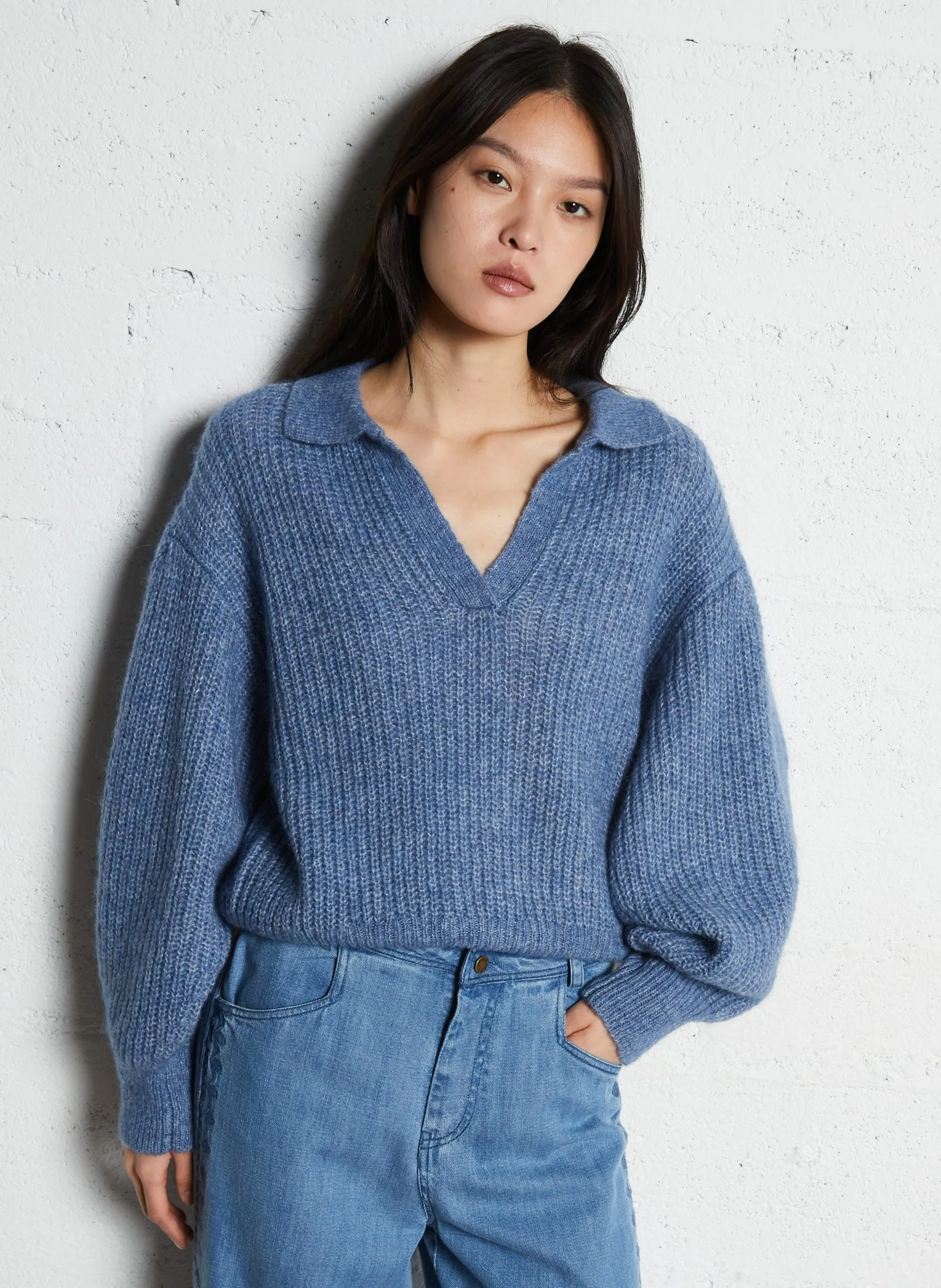 Pull col polo ample en maille unie Bleu ILKA