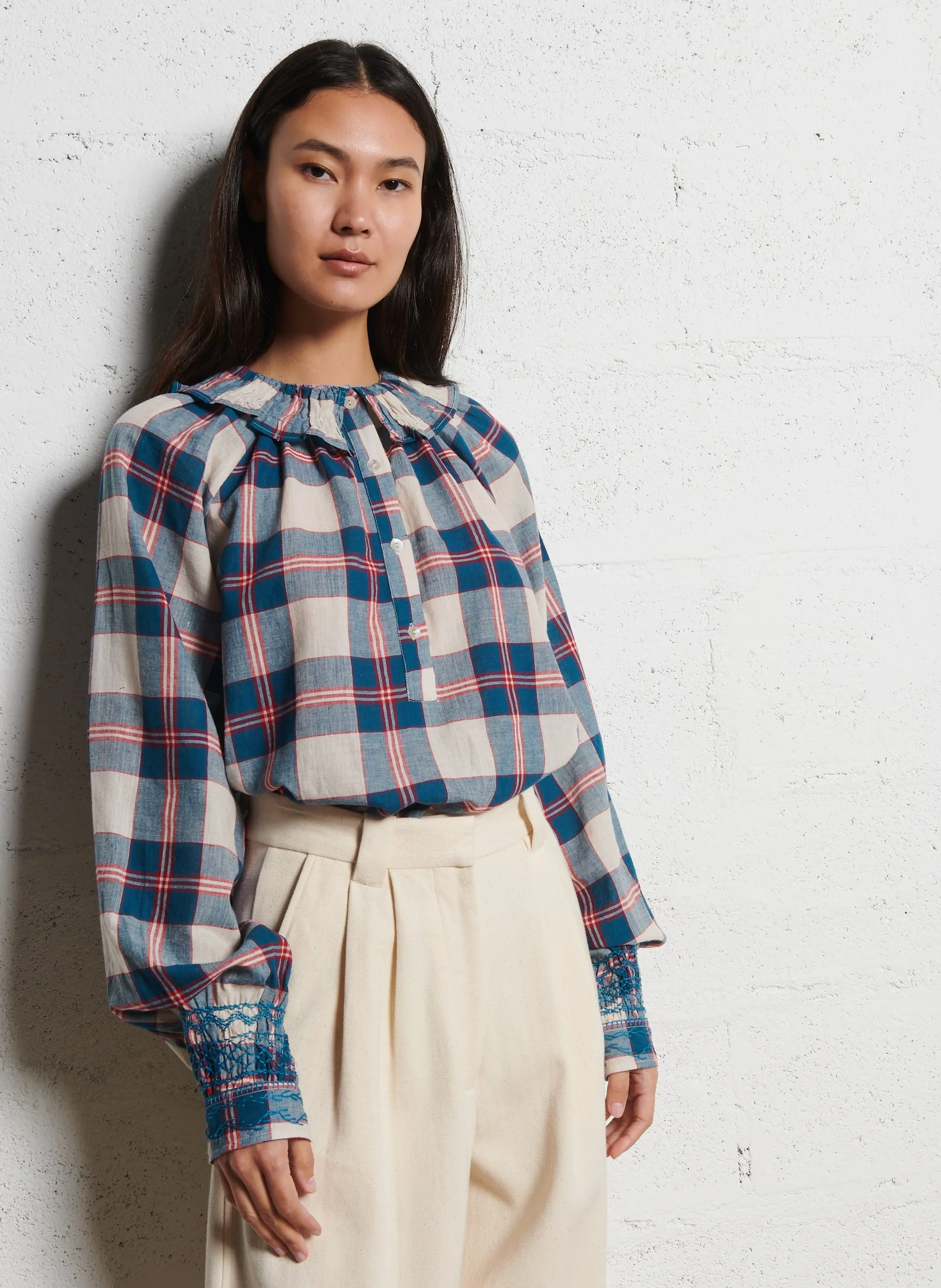 Blouse droite col claudine à carreaux Bleu ABRIL