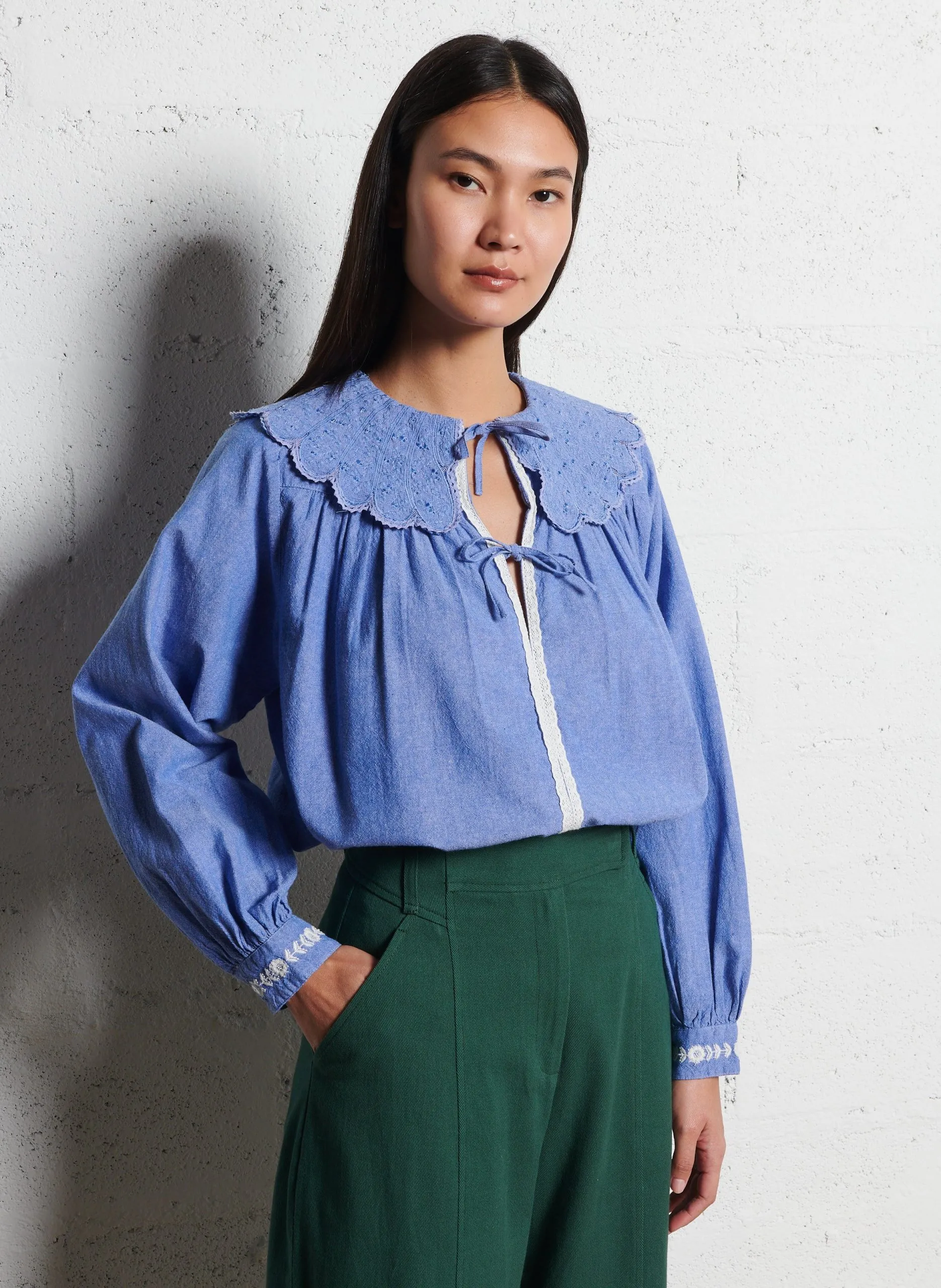 Bouse col v en jean Bleu HYACIA