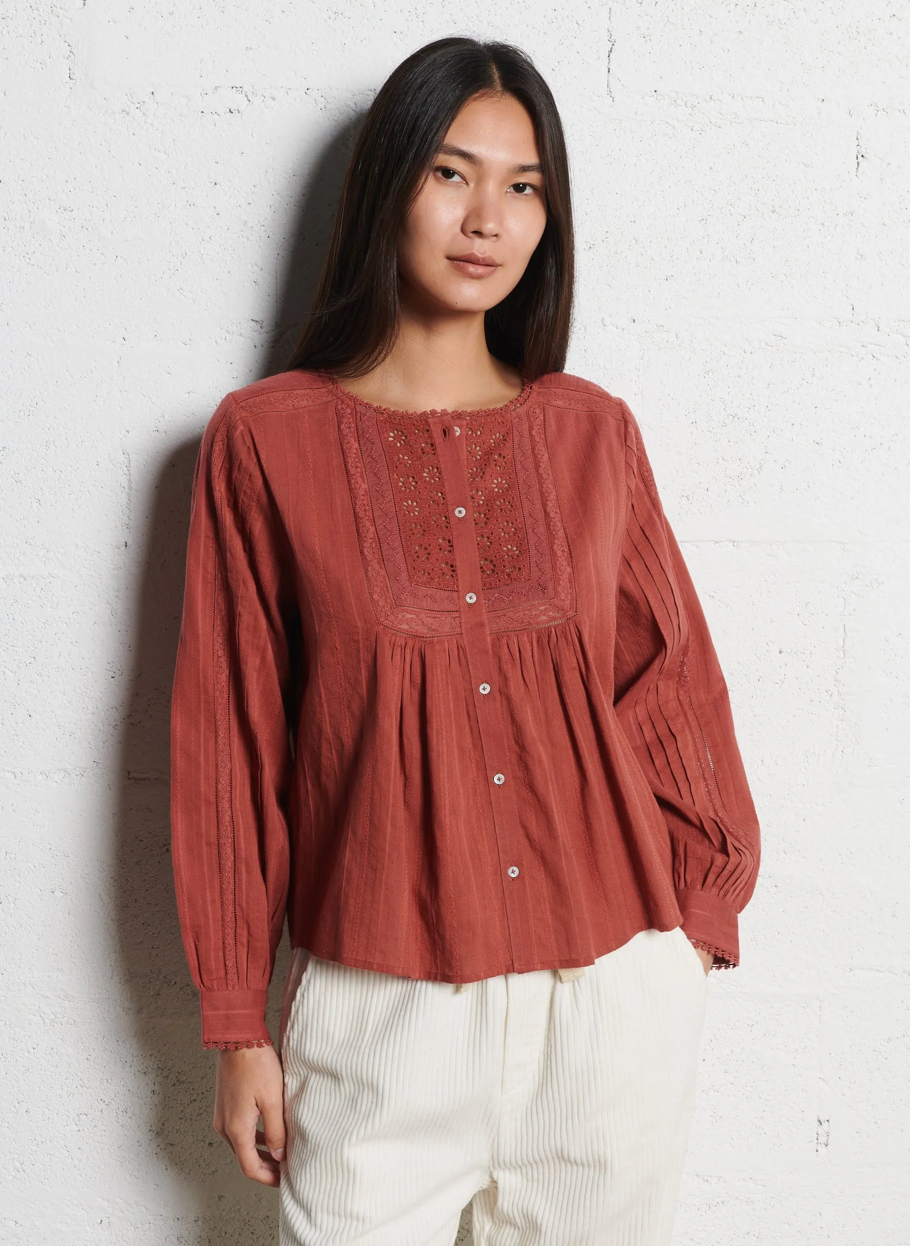 Blouse col rond en coton Rouge CAITLYN