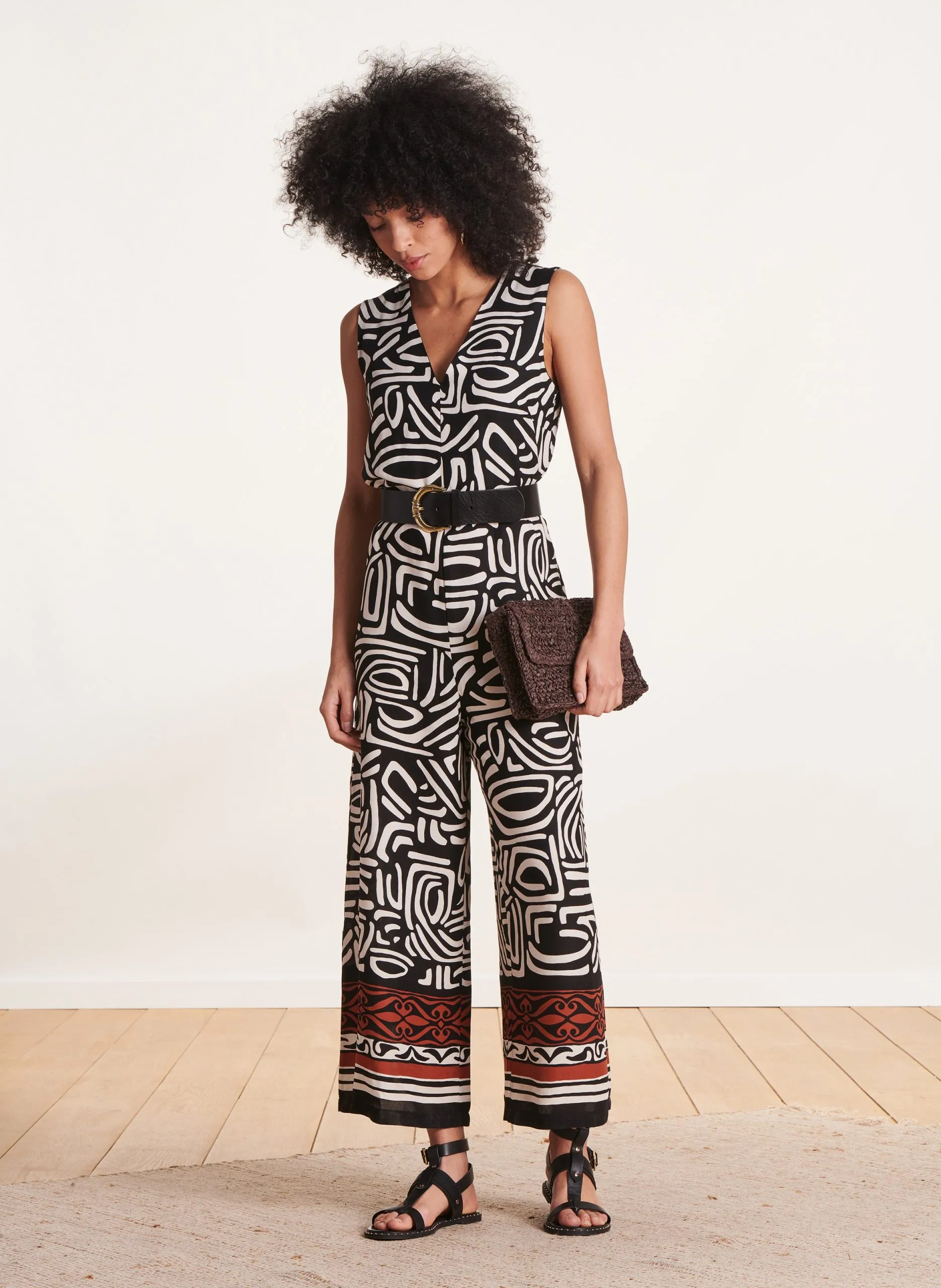 Combinaison col v imprimé Noir