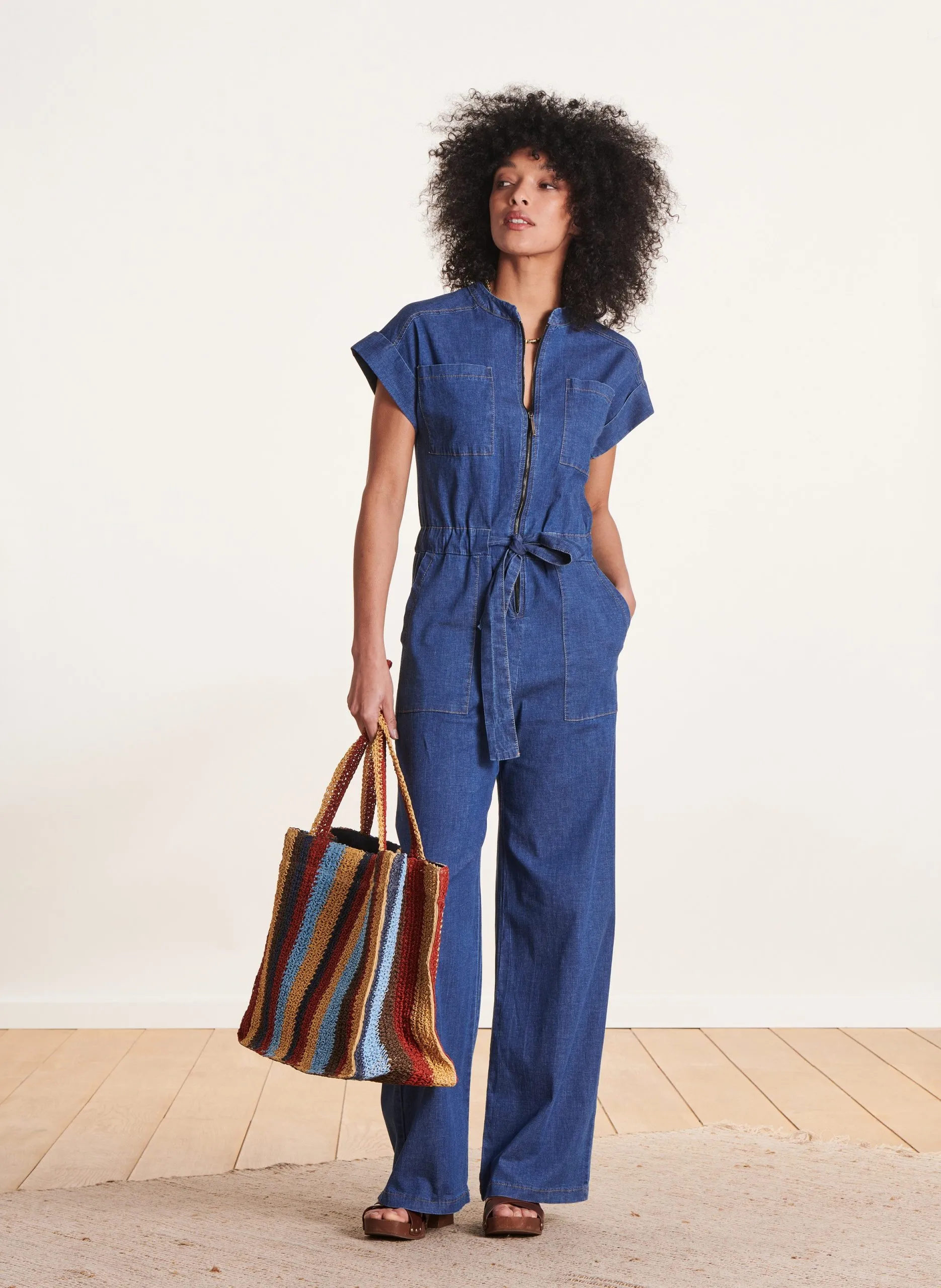 Combinaison ceinturée en denim Bleu