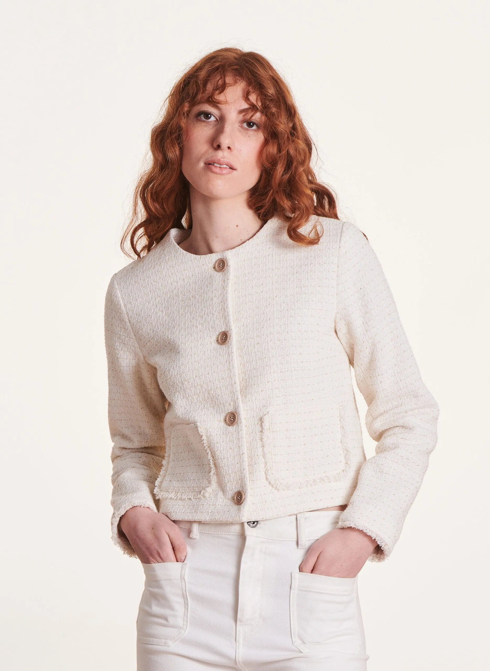 Veste courte boutonnée à manches longues Blanc