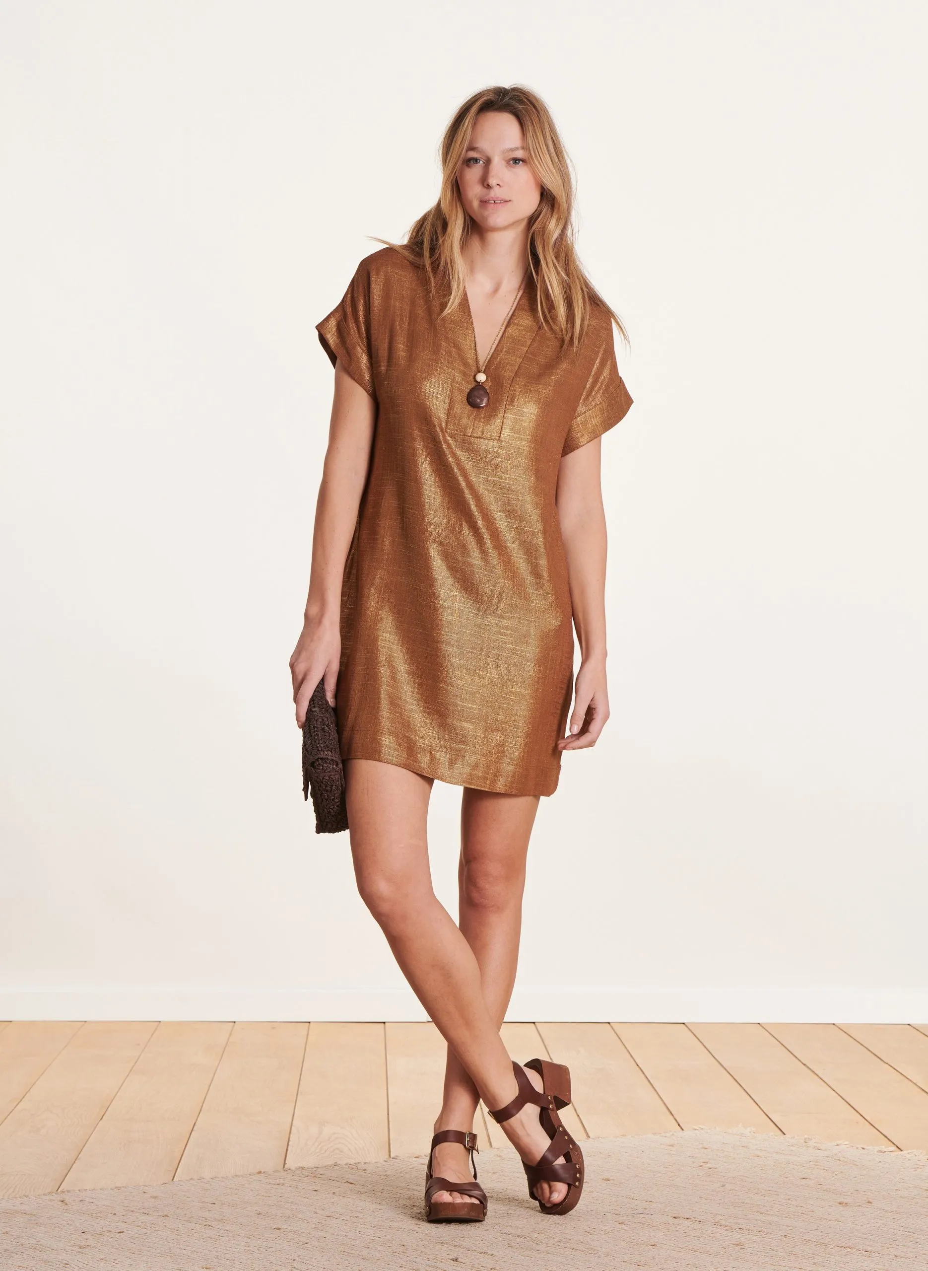 Robe courte en lin mélangé Marron