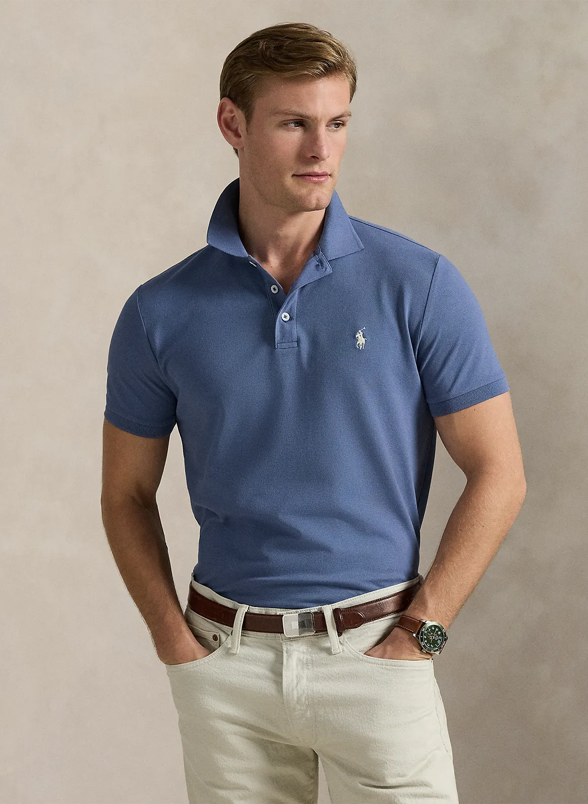 Polo manches courtes uni à broderie logo Bleu
