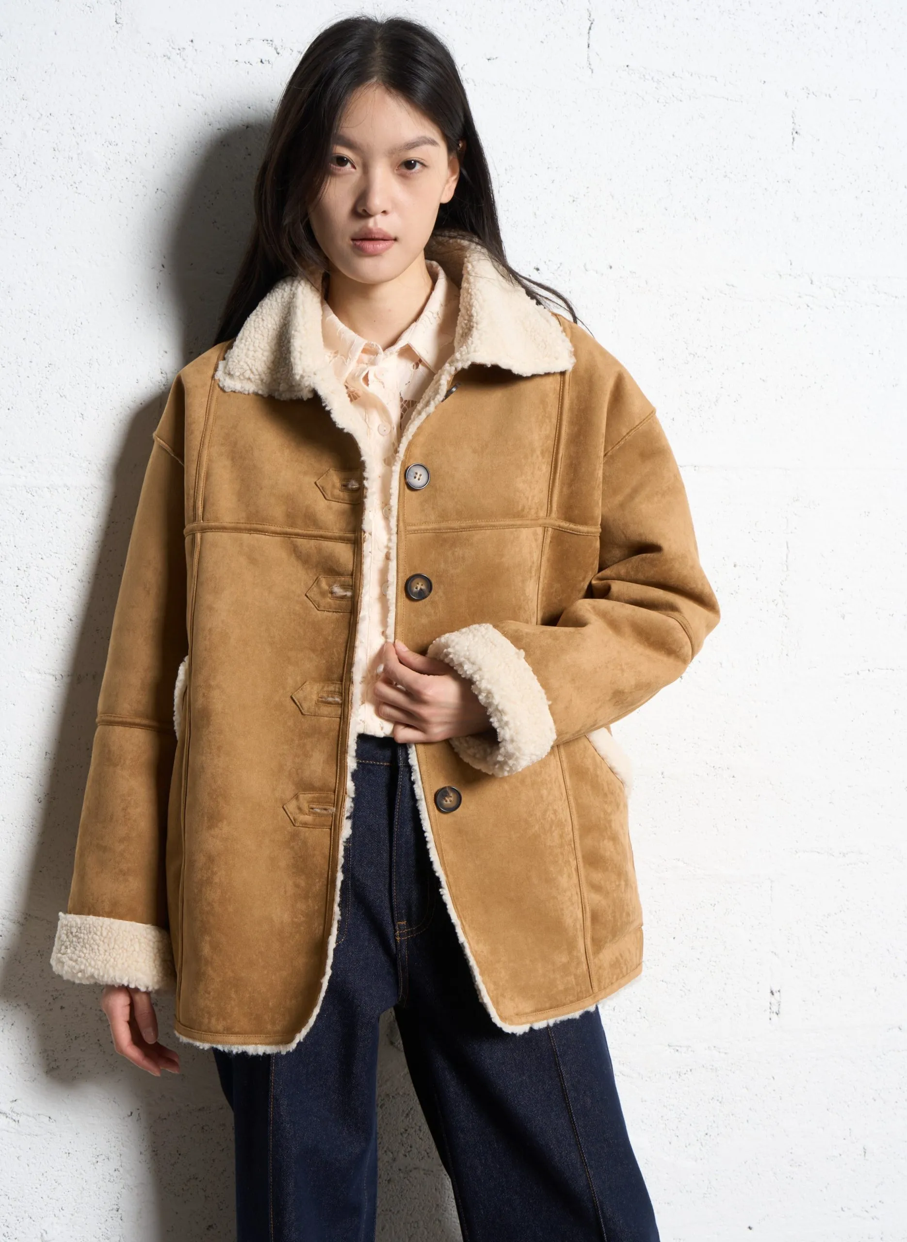 Manteau droit suédé à détails sherpa Beige ERIK