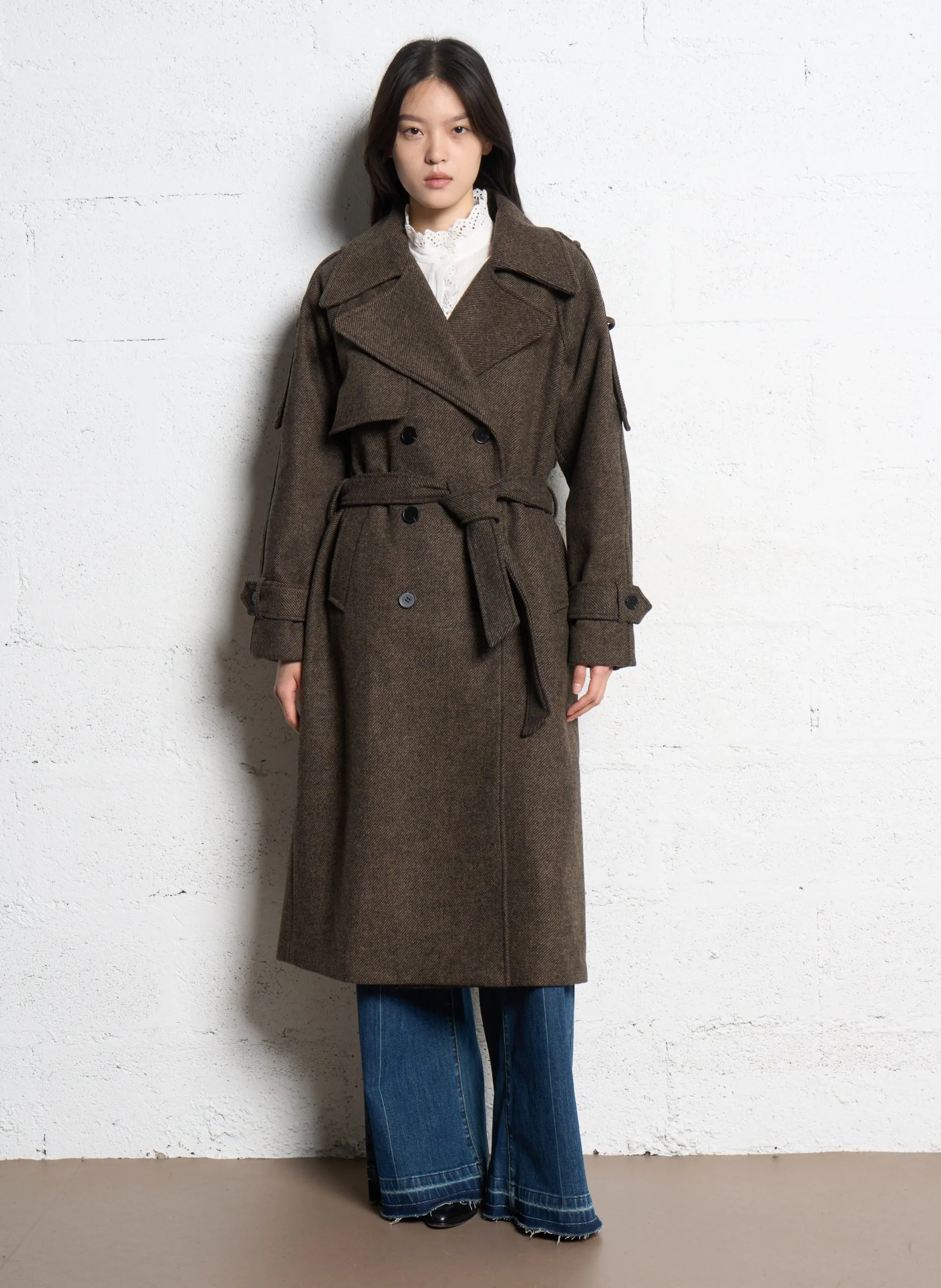 Manteau long boutonné à ceinture Marron EMO