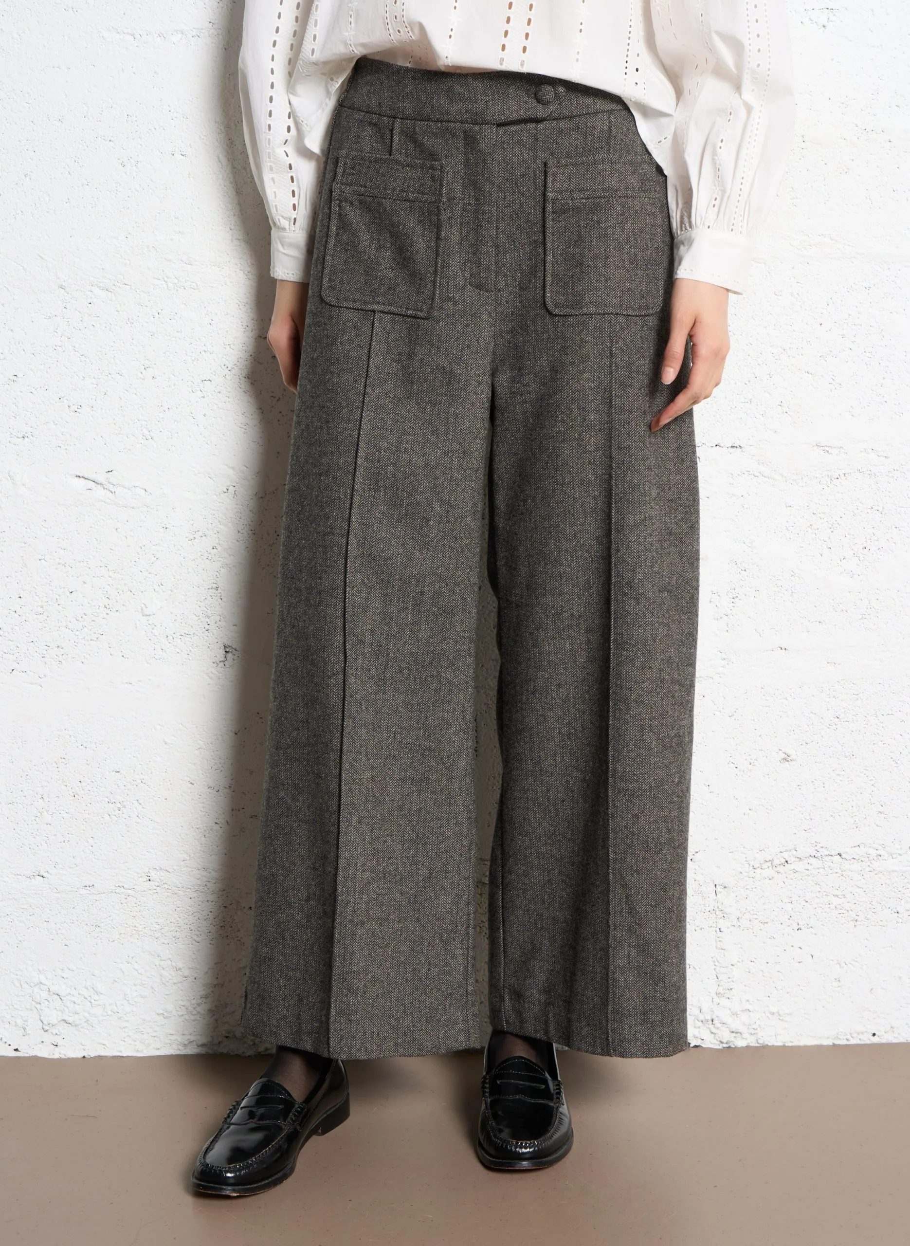 Pantalon large en laine mélangée Noir JAZZY