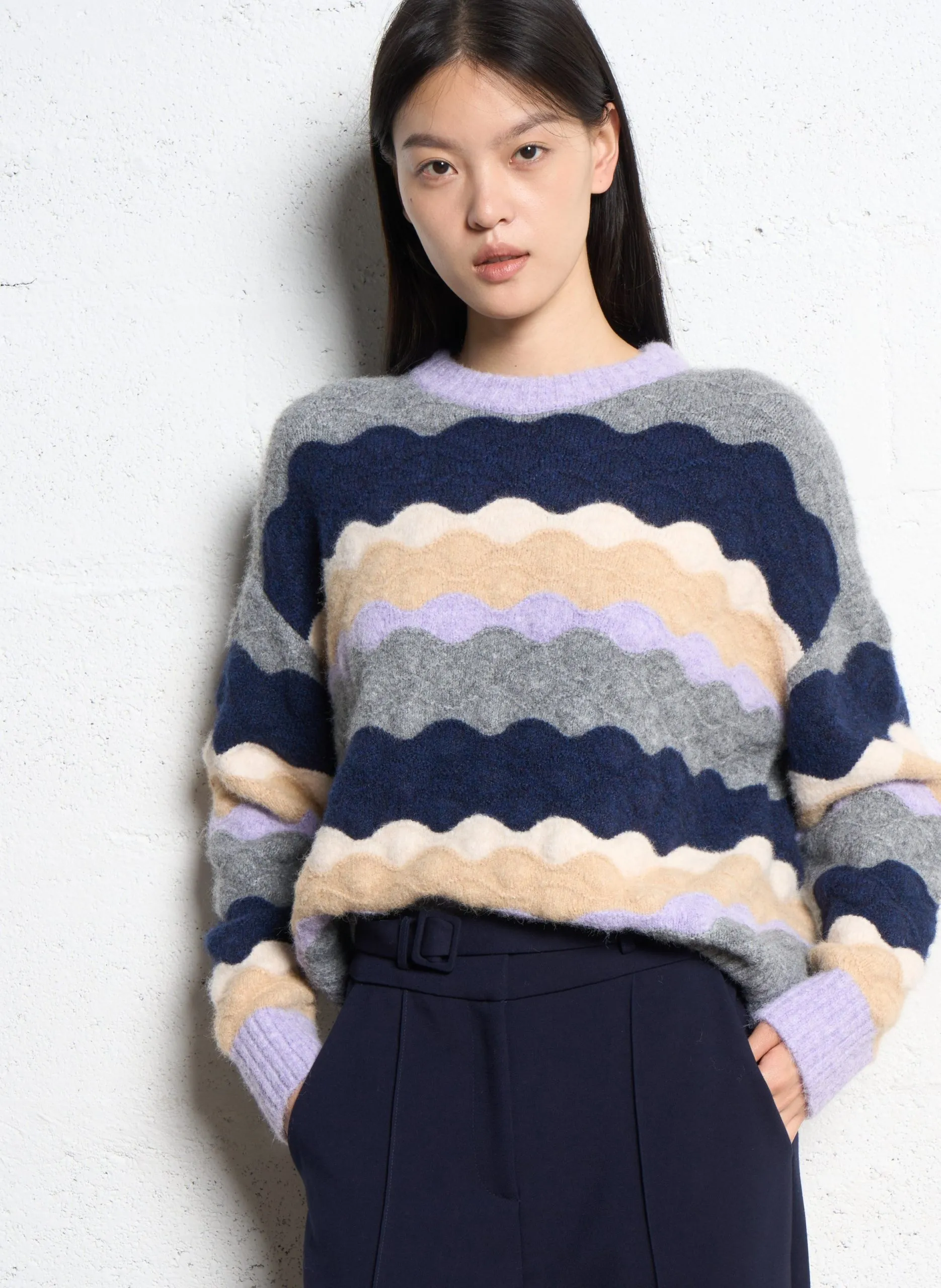 Pull ample rayé en maille fantaisie Gris PANAYO