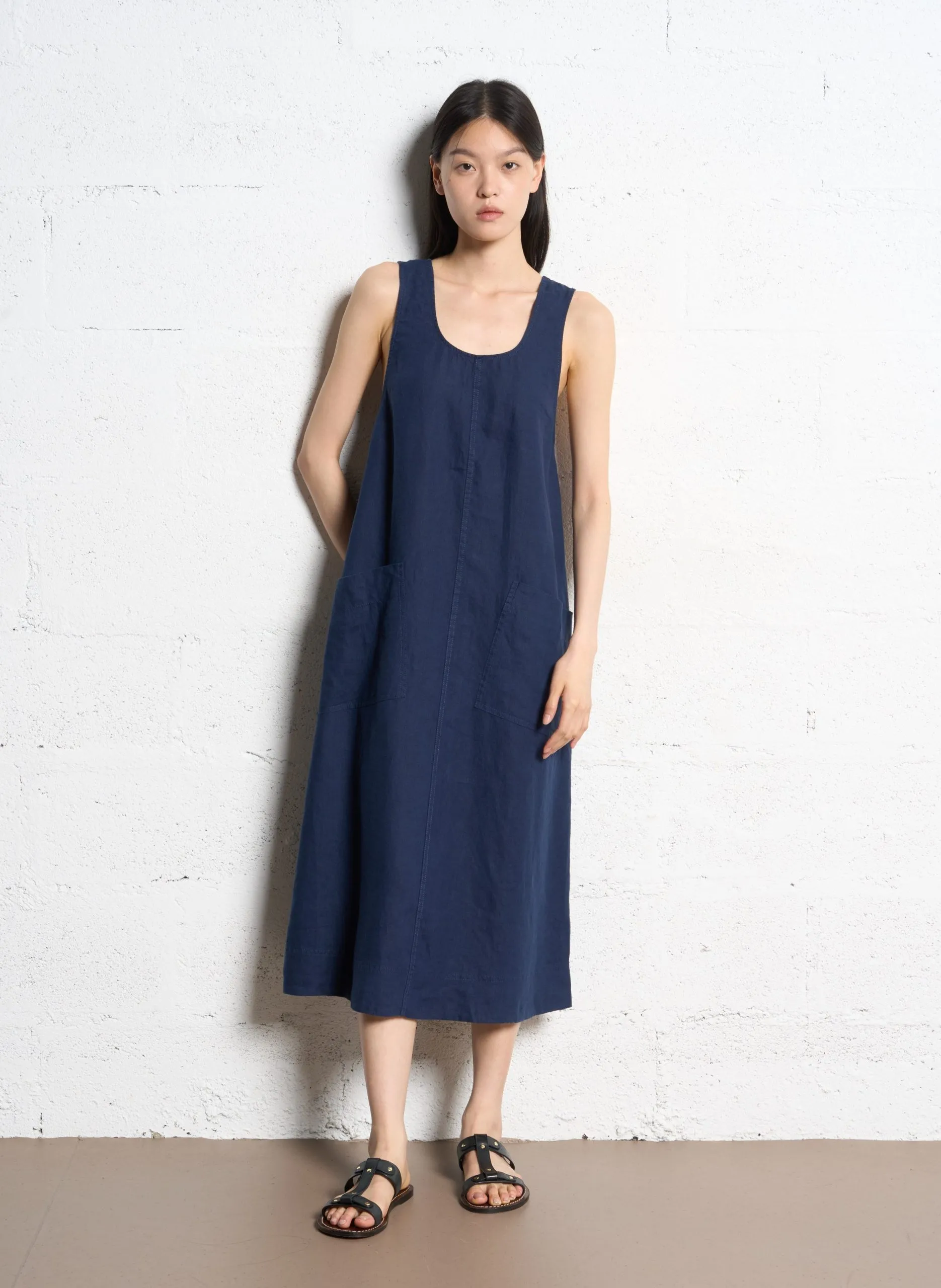 Robe midi col v en lin Bleu NADINE