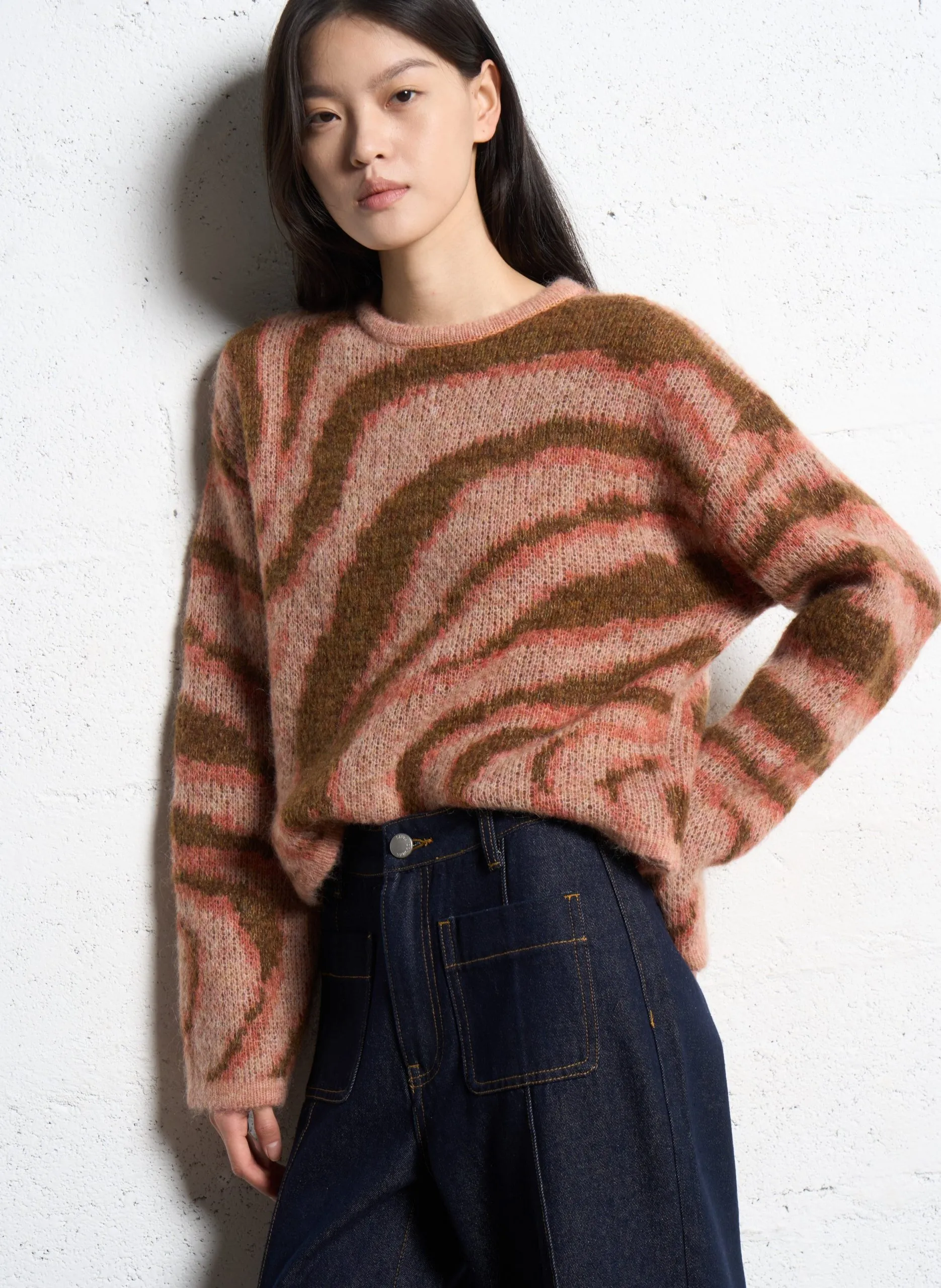 Pull droit col rond jacquard en maille mélangée Rose PAGE