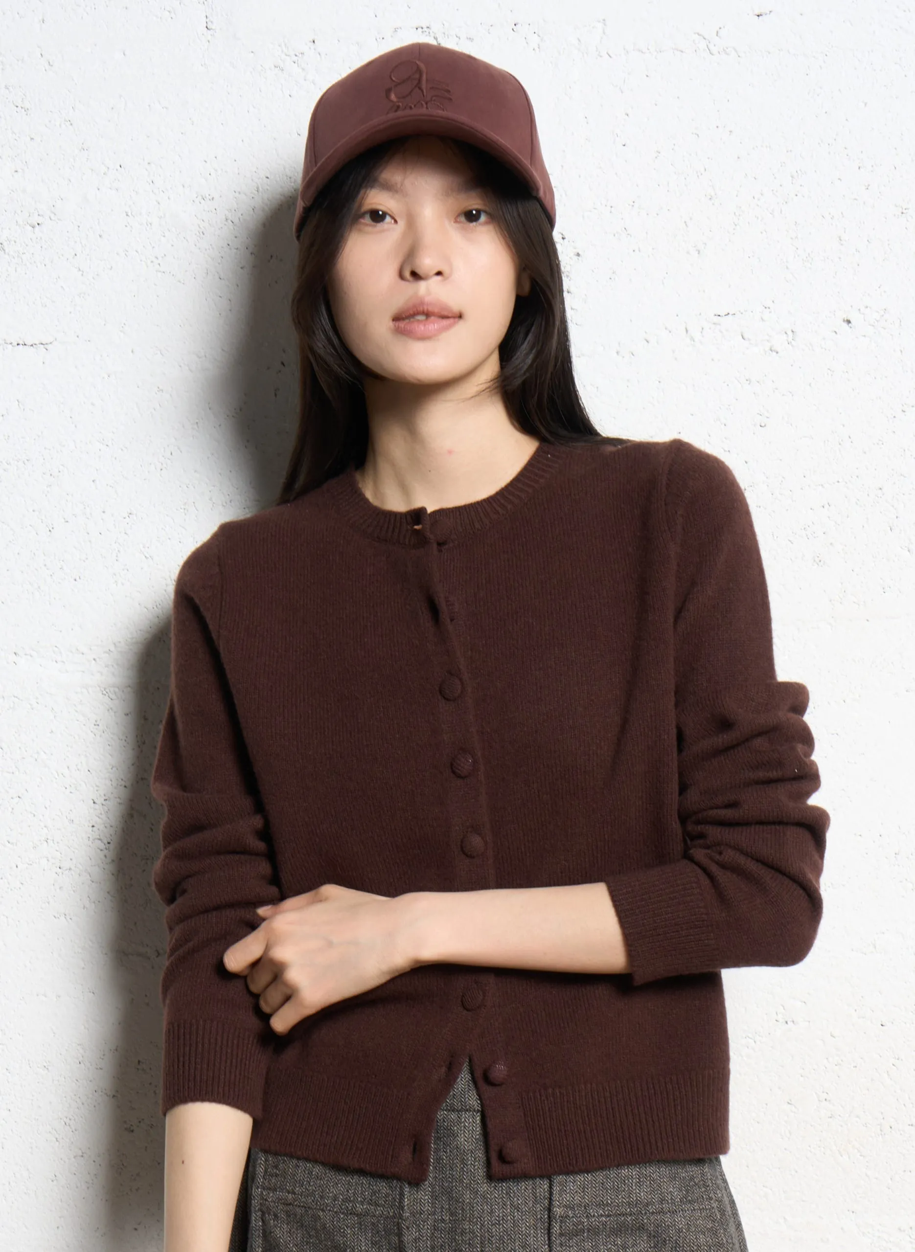 Gilet droit col rond en laine Marron GESKI