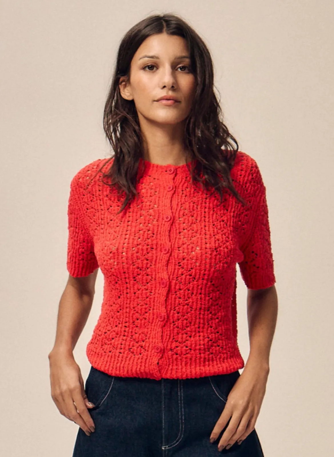 Gilet boutonné en maille ajourée Rouge MIA