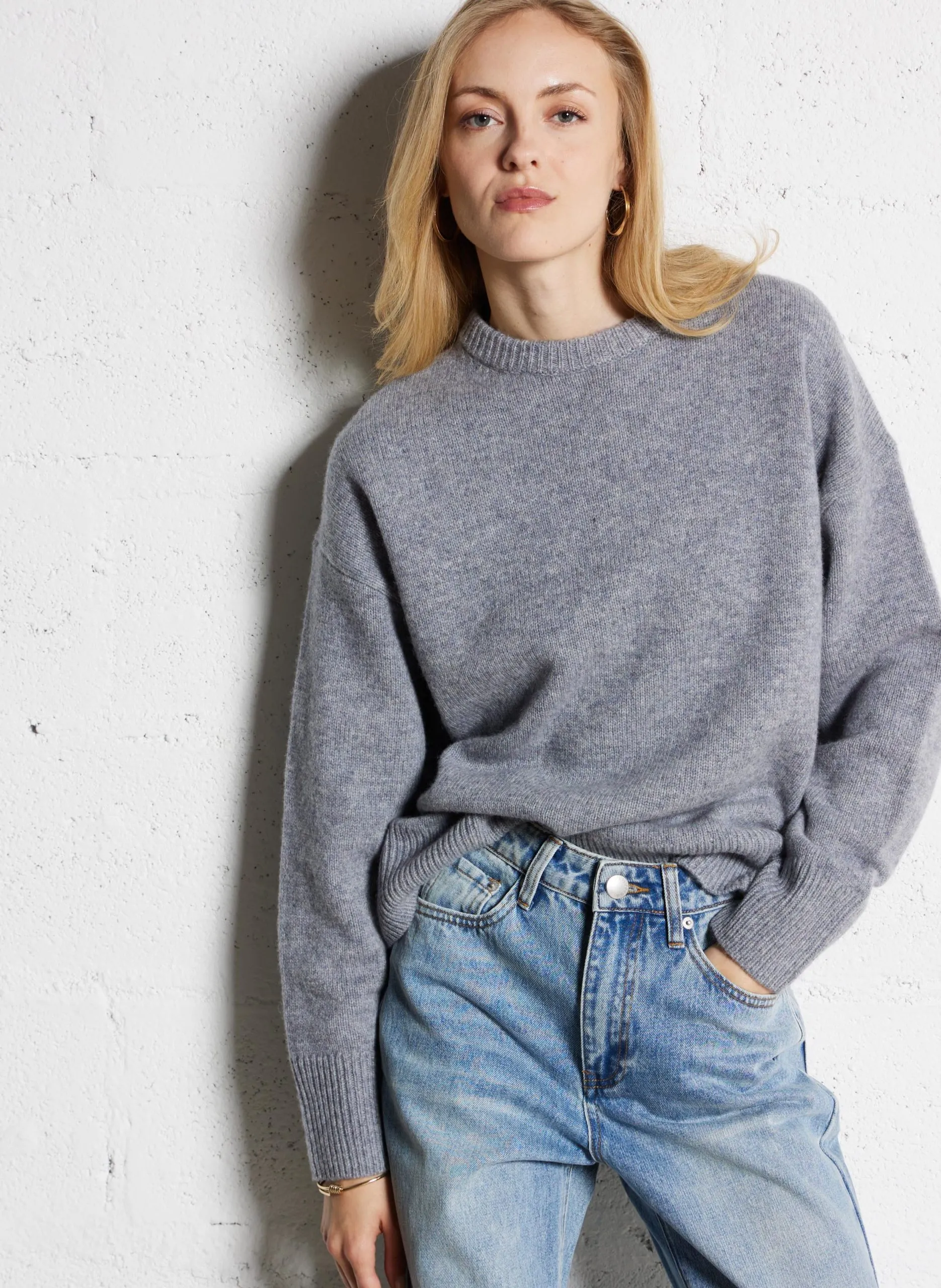 Pull droit col rond en laine Gris PERSAN