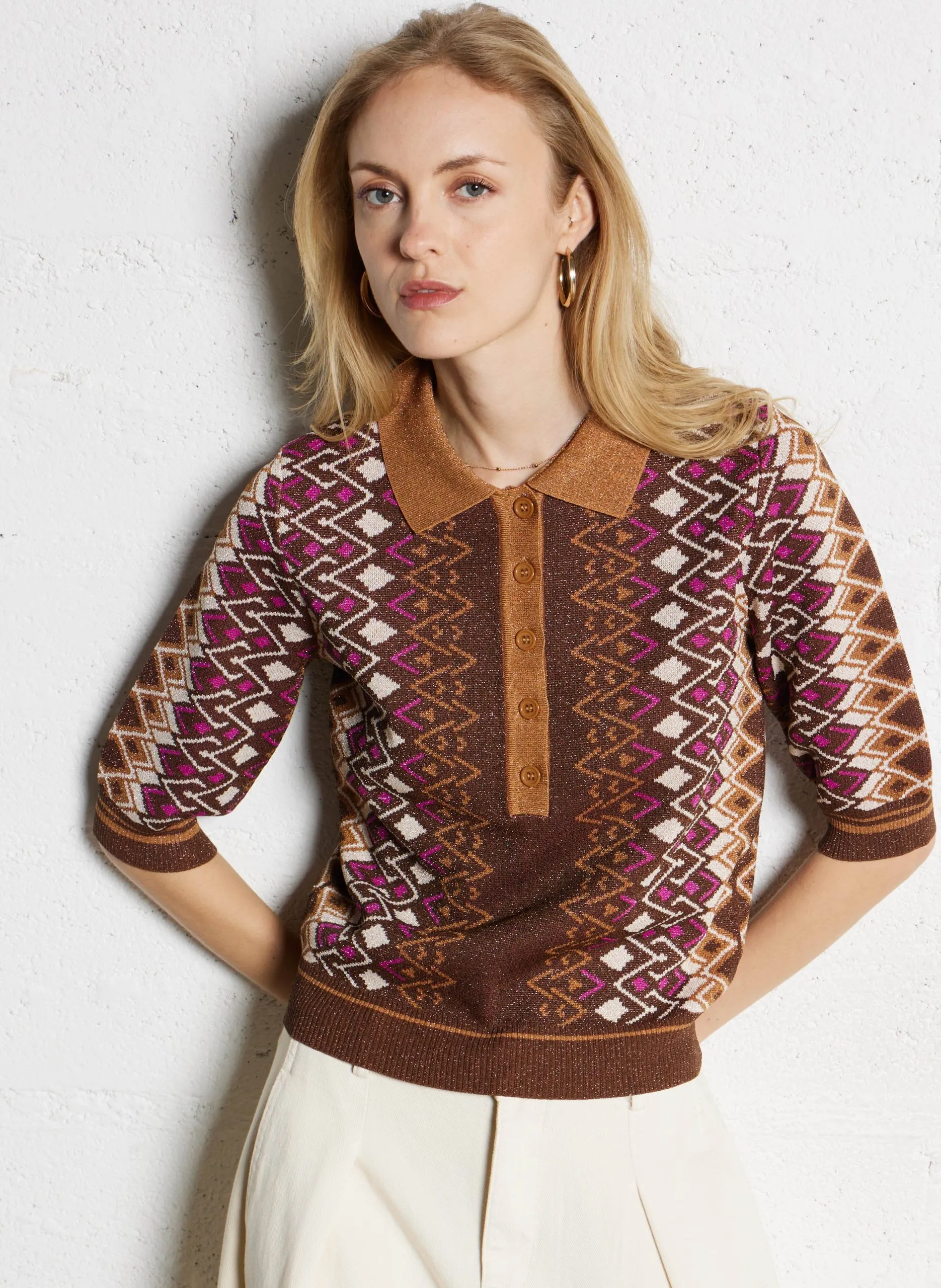 Pull col polo imprimé à paillettes Marron PALMER