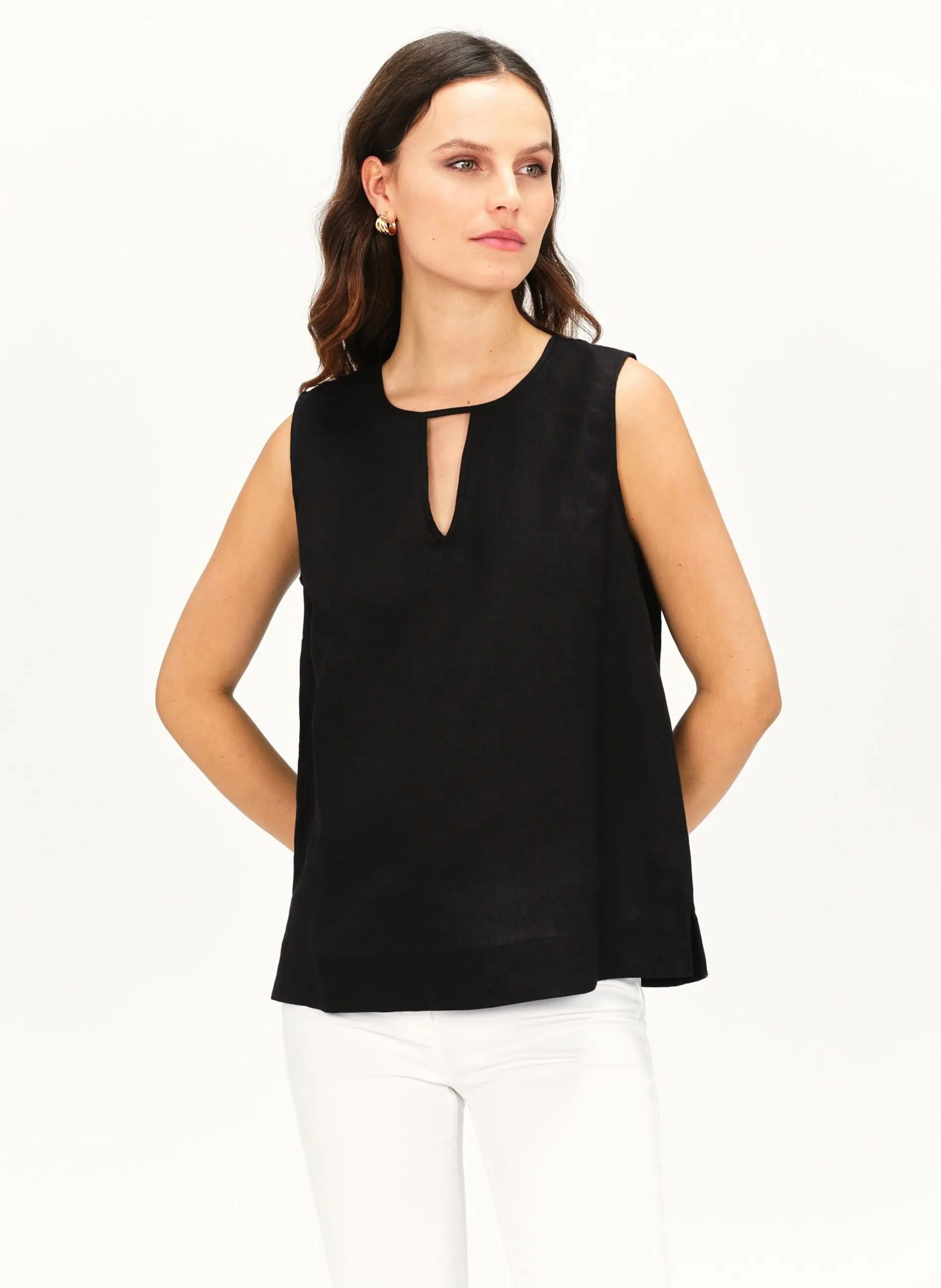 Top sans manches uni en lin Noir 242C-CILDA
