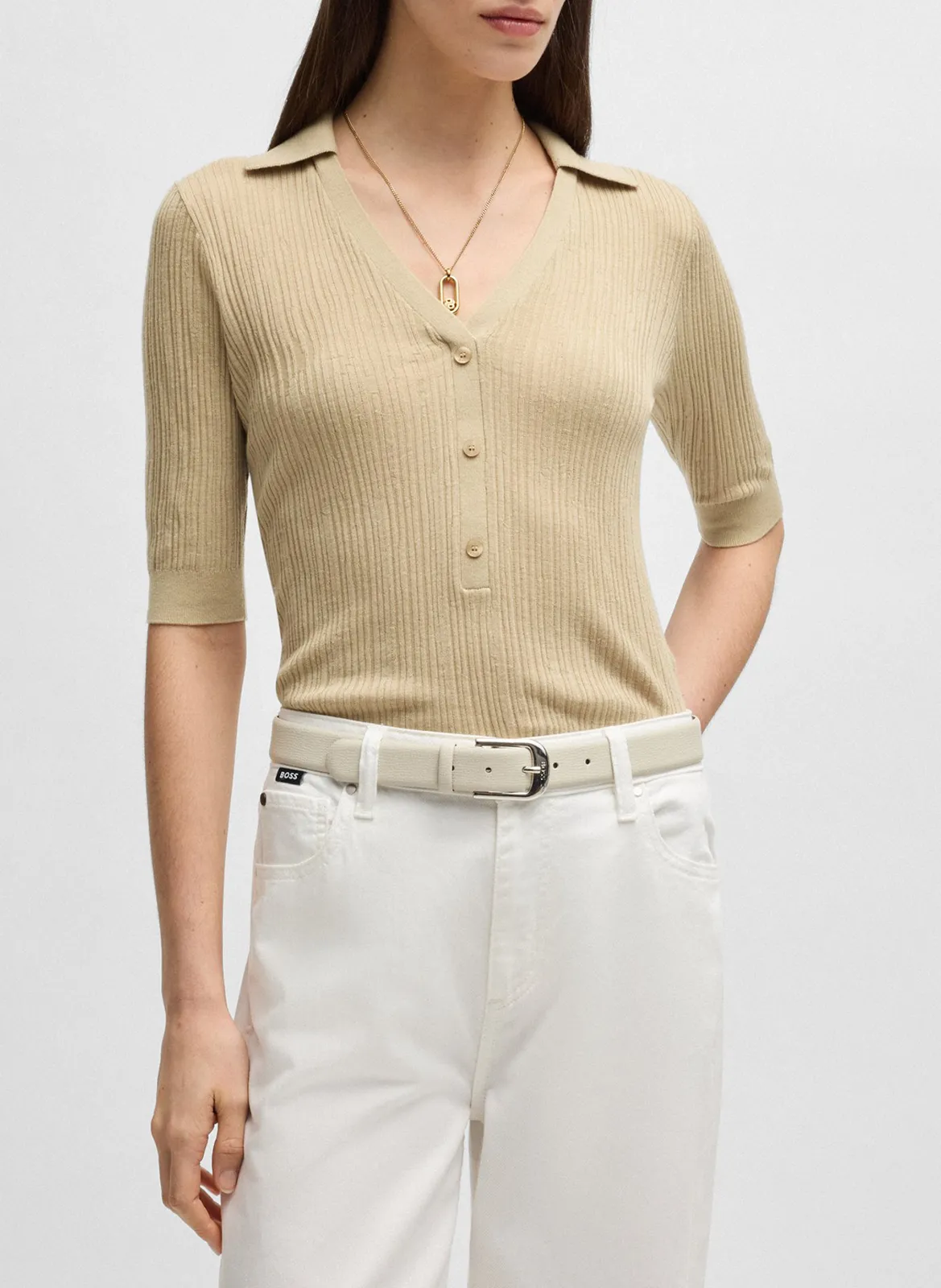 Pull ajusté à texture en laine Beige