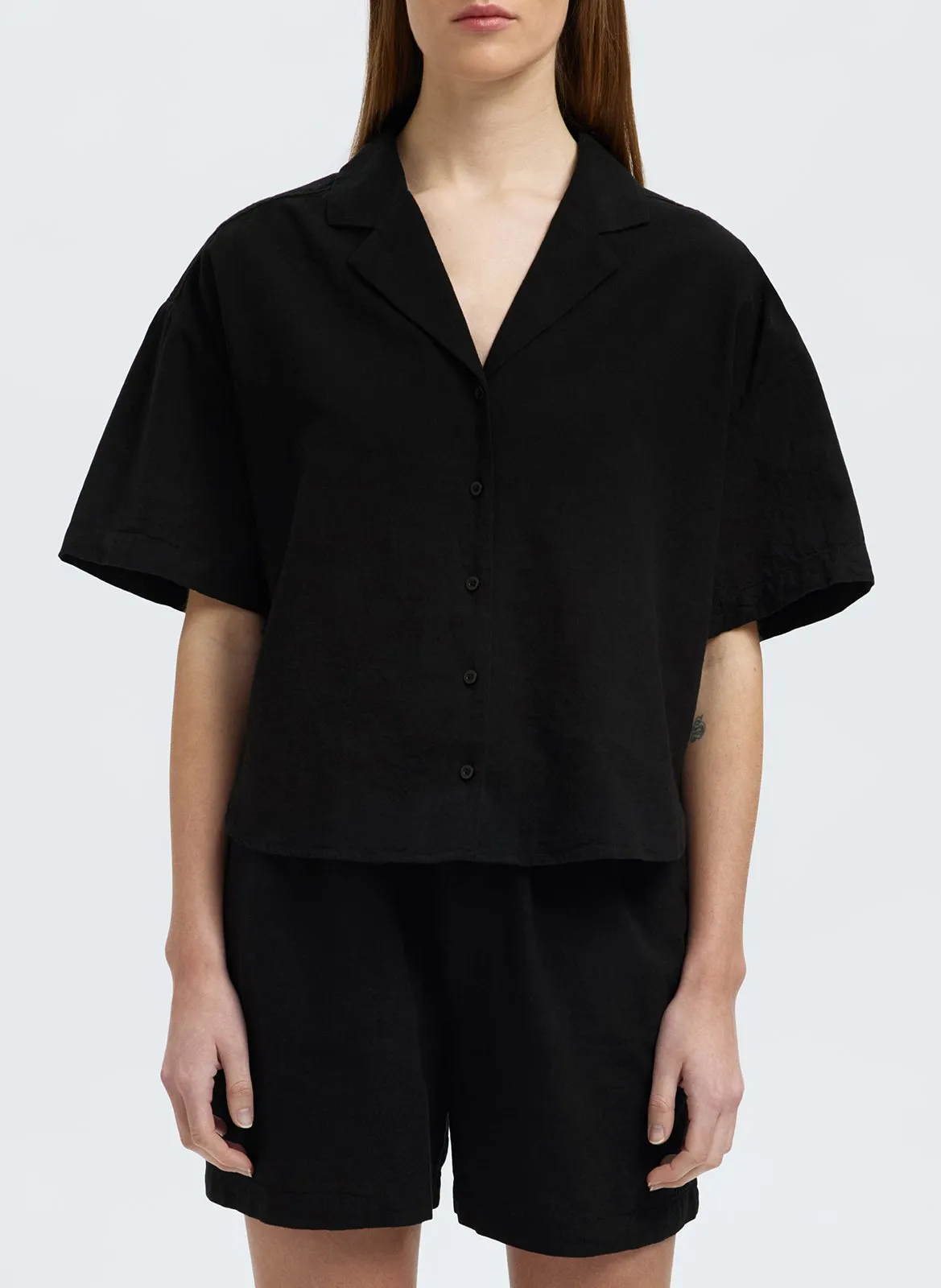 Chemise manches courtes en lin et coton bio Noir LUISA