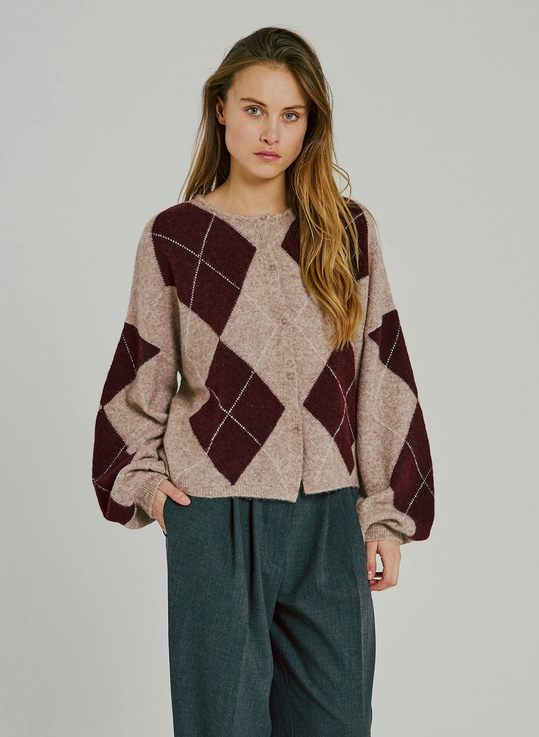 Gilet ample col rond jacquard en laine mélangée Rouge LOGAN