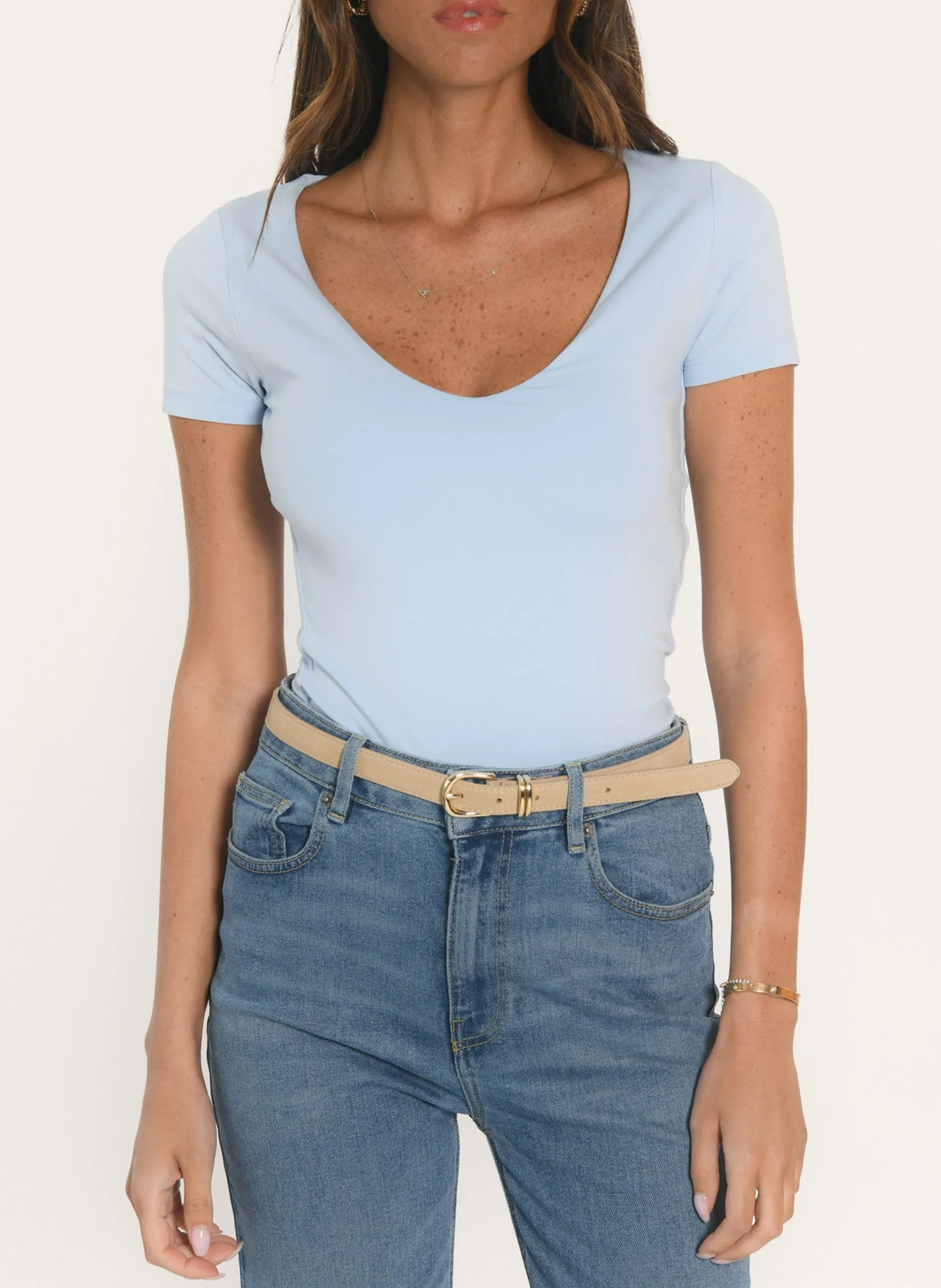 Tee-shirt col V en coton mélangé Bleu MATHILDA