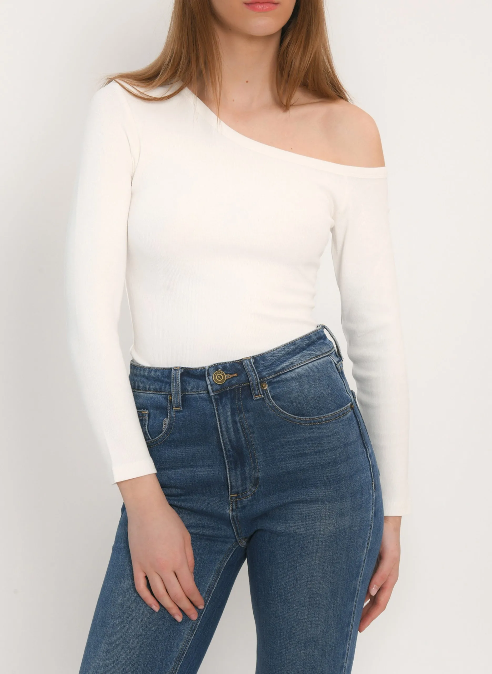 Top col asymétrique en coton mélangé Blanc ANYA