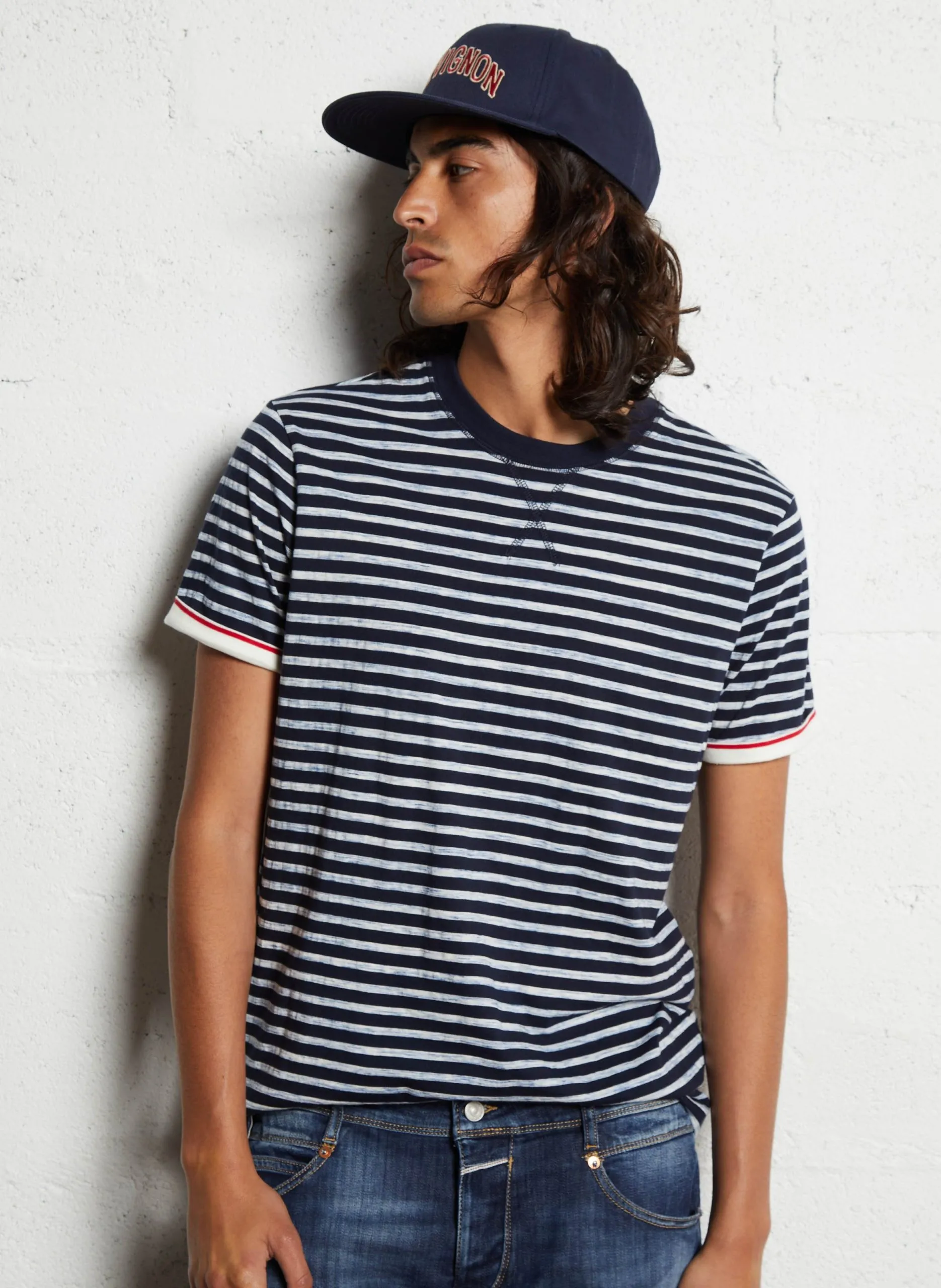 Tee-shirt droit col rond rayé en coton Bleu SIFAR