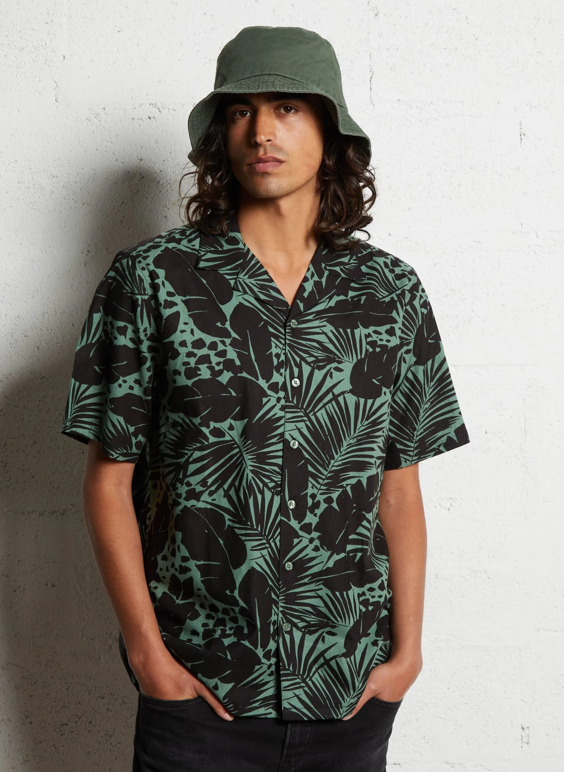 Chemise droite en lin mélangé Vert THOKI