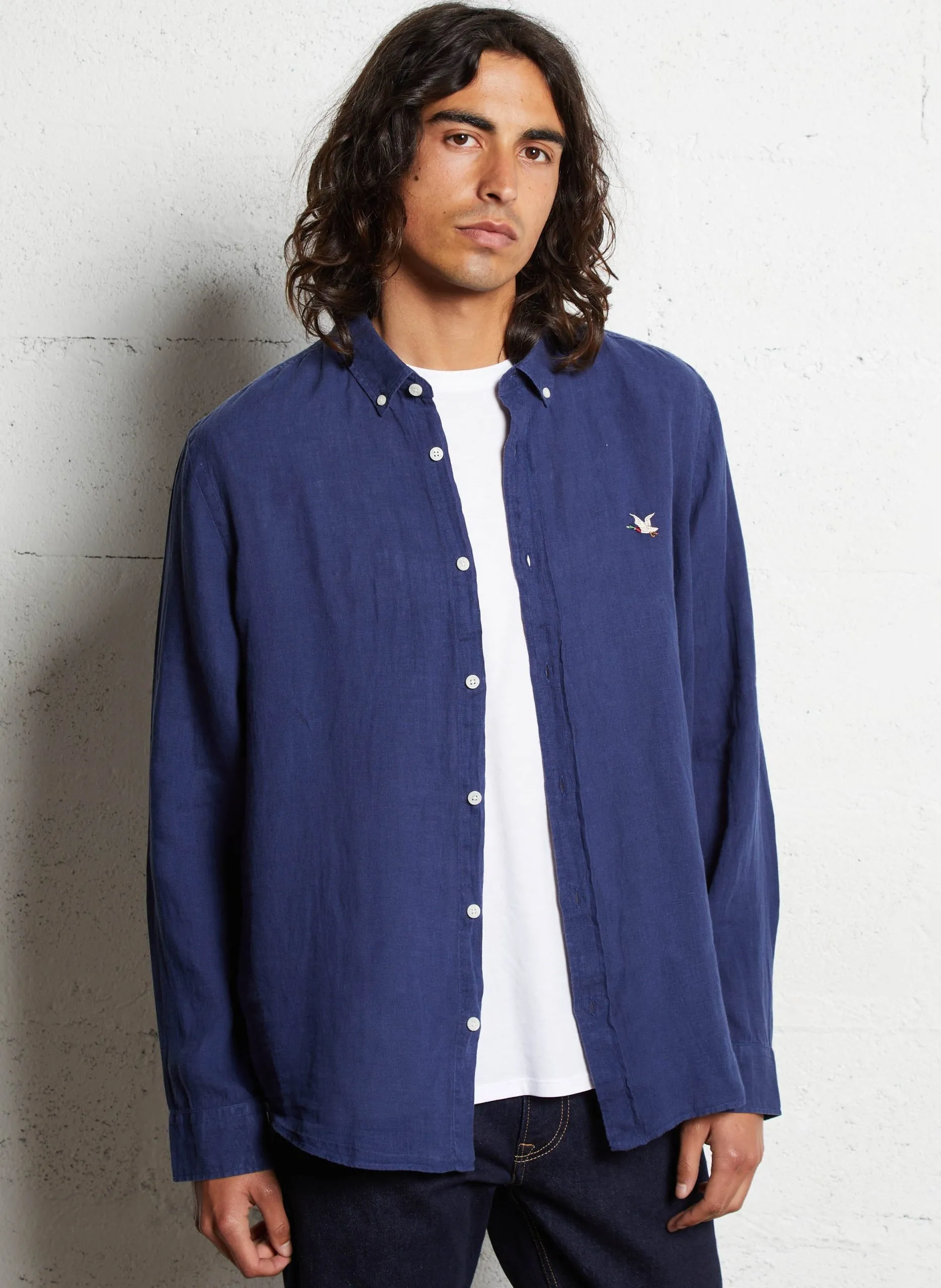 Chemise droite boutonnée en lin Bleu TAMPA