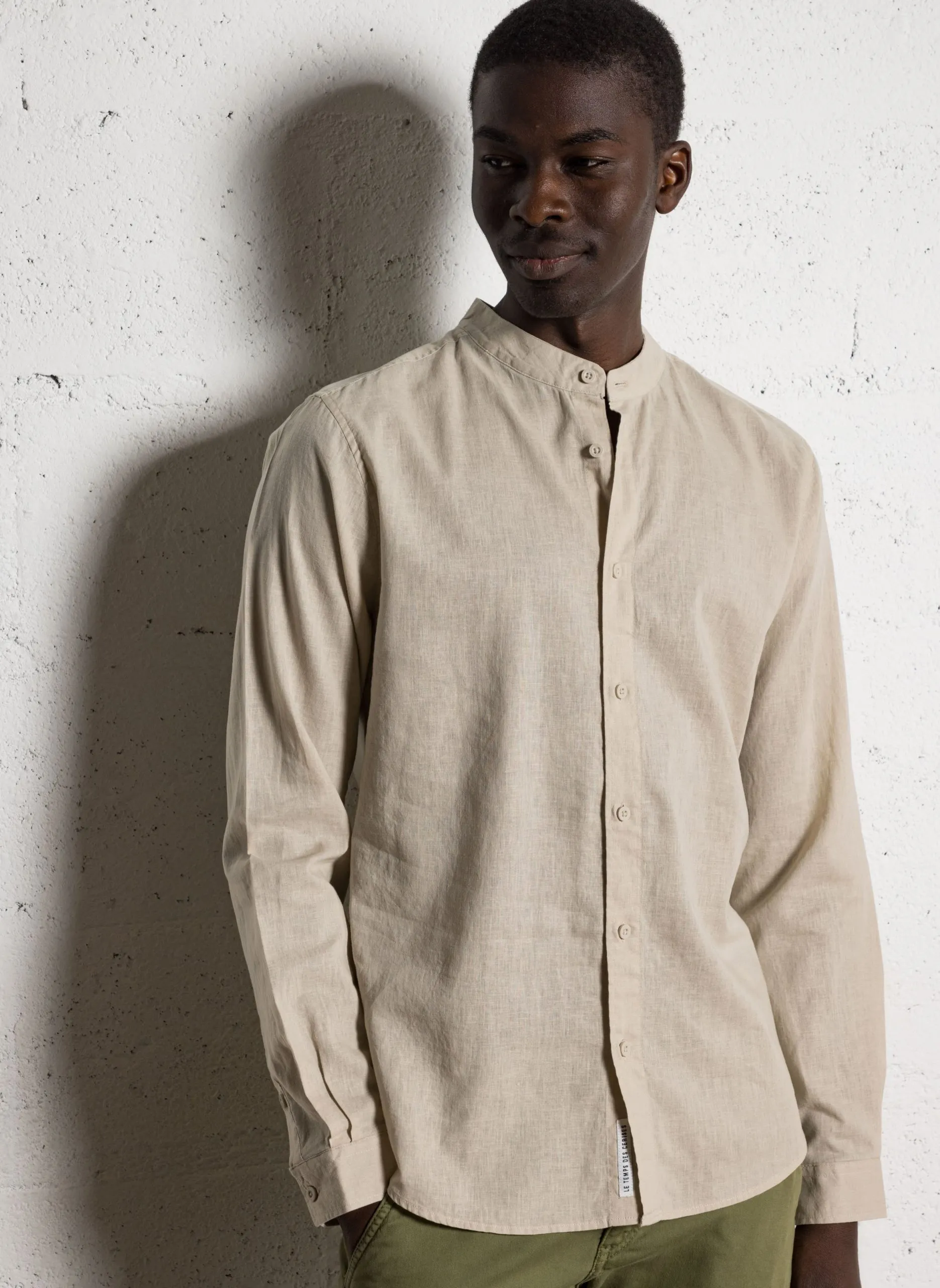 Chemise col mao en lin mélangé Gris RELIS