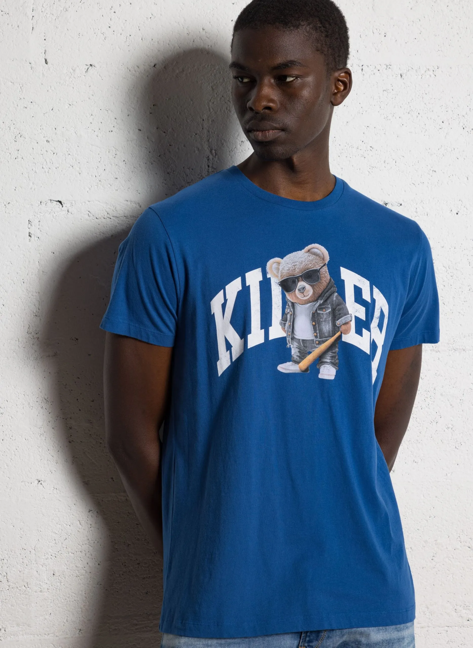 Tee-shirt droit col rond sérigraphié en coton Bleu DANIS