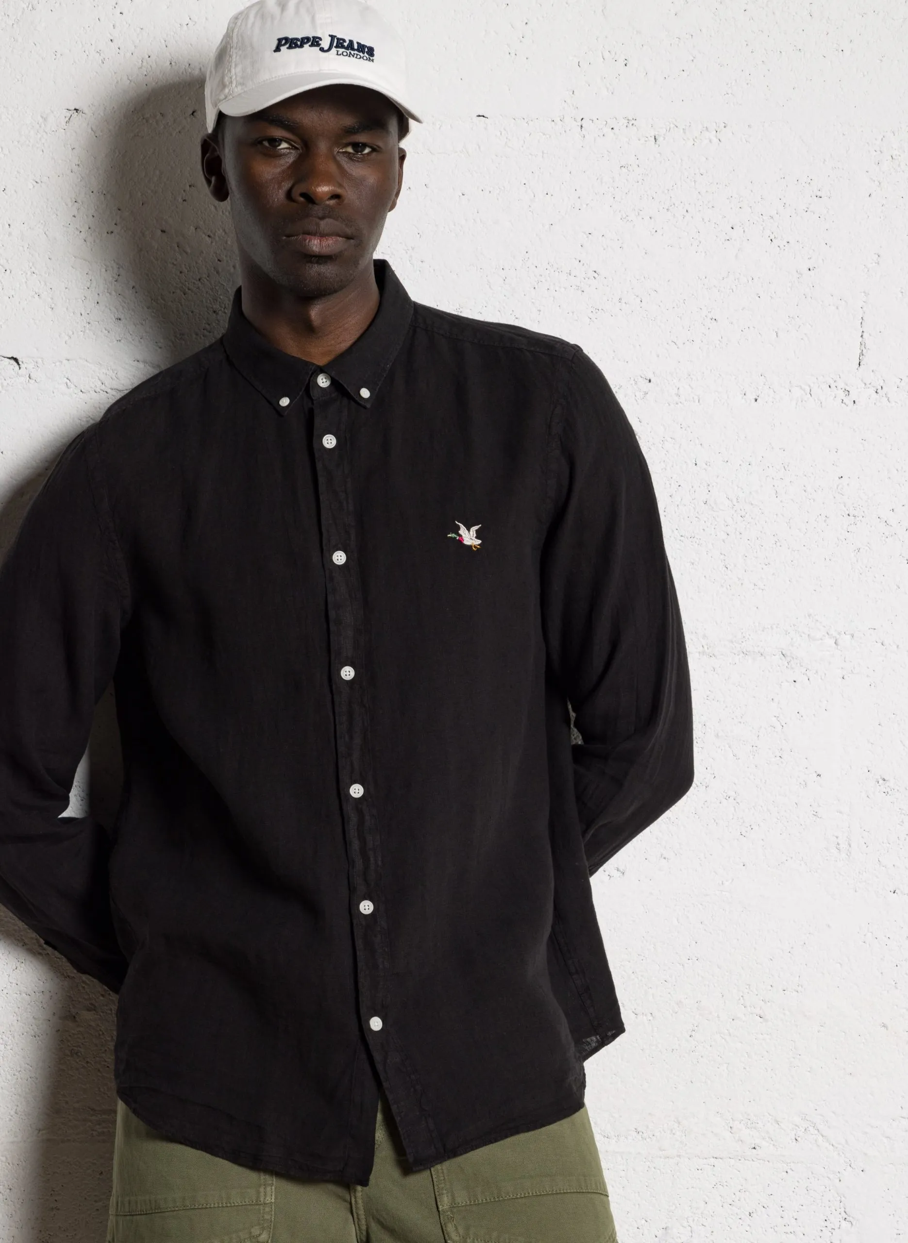 Chemise droite boutonnée en lin Noir TAMPA