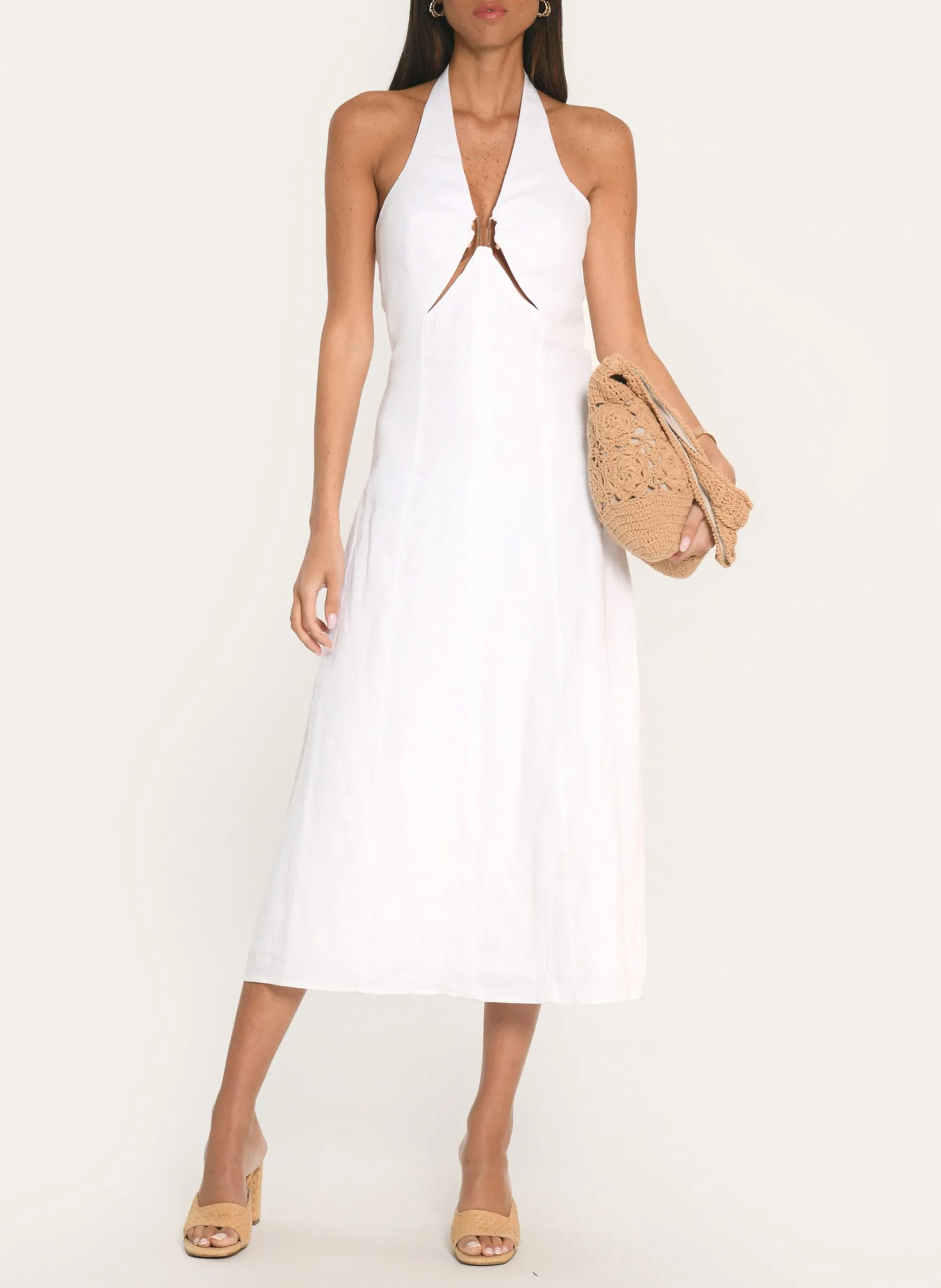 Robe midi col V en lin Blanc ALICE