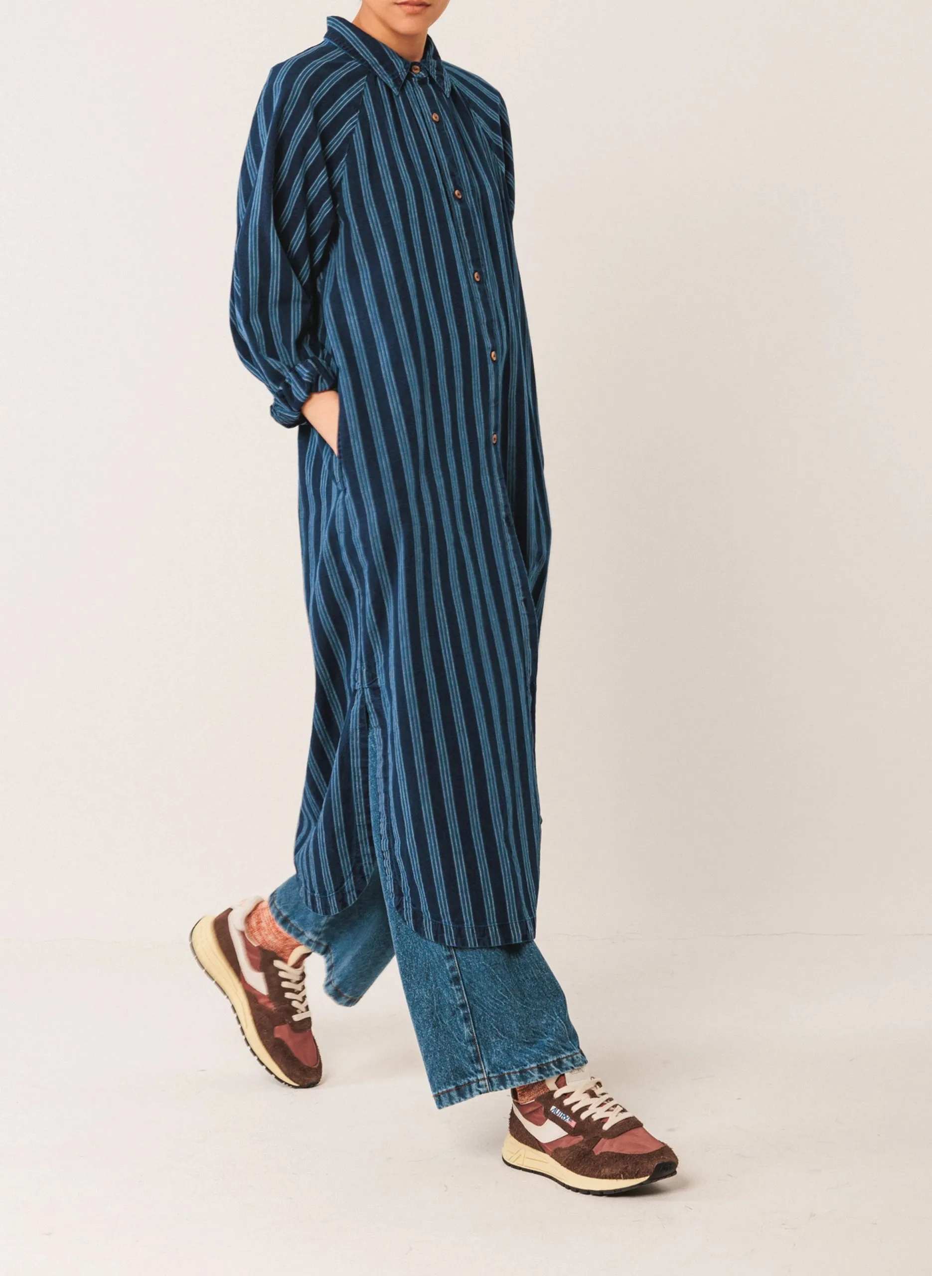 Robe midi ample à rayures Bleu