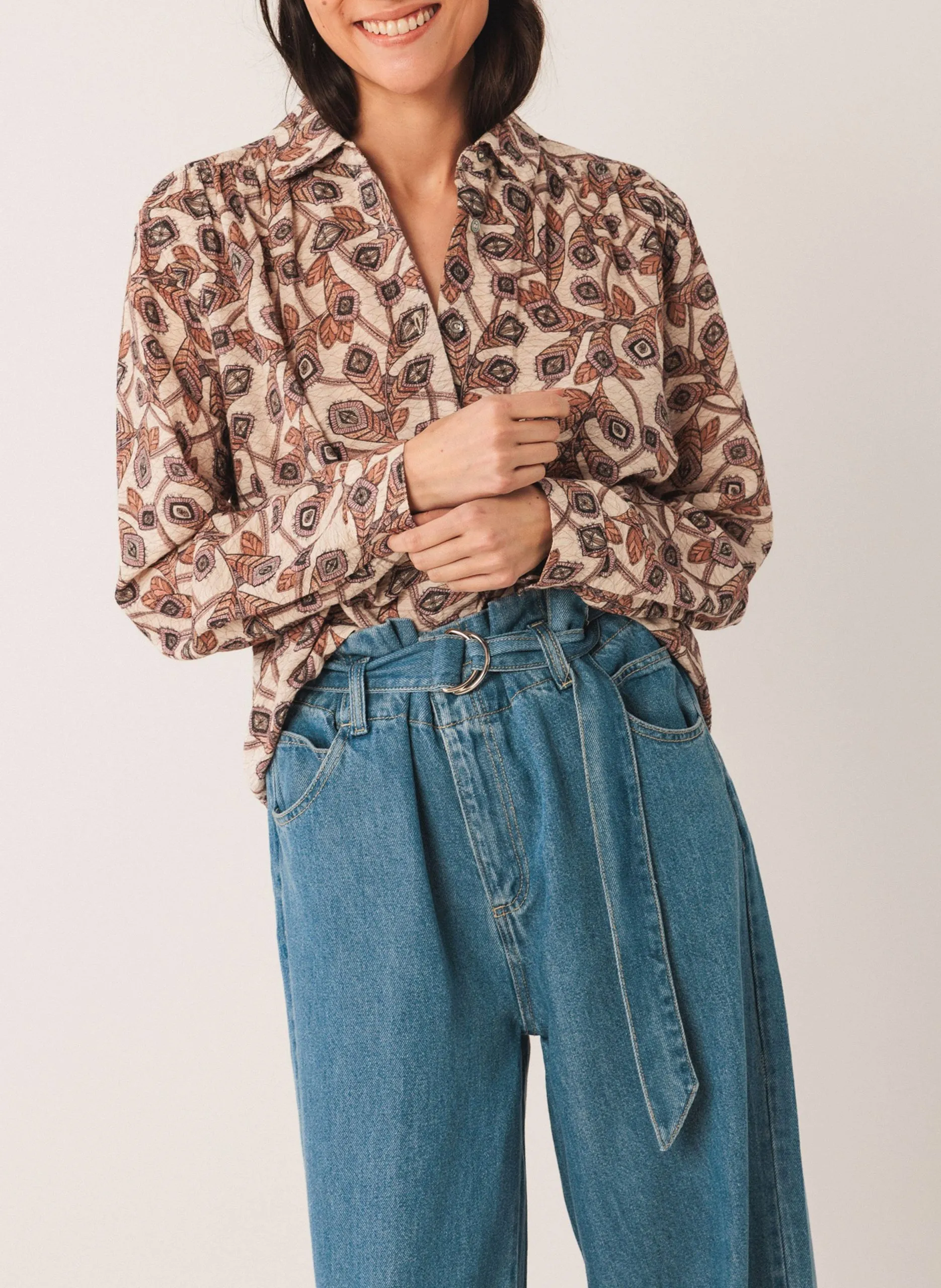 Chemise ample imprimée en coton Beige