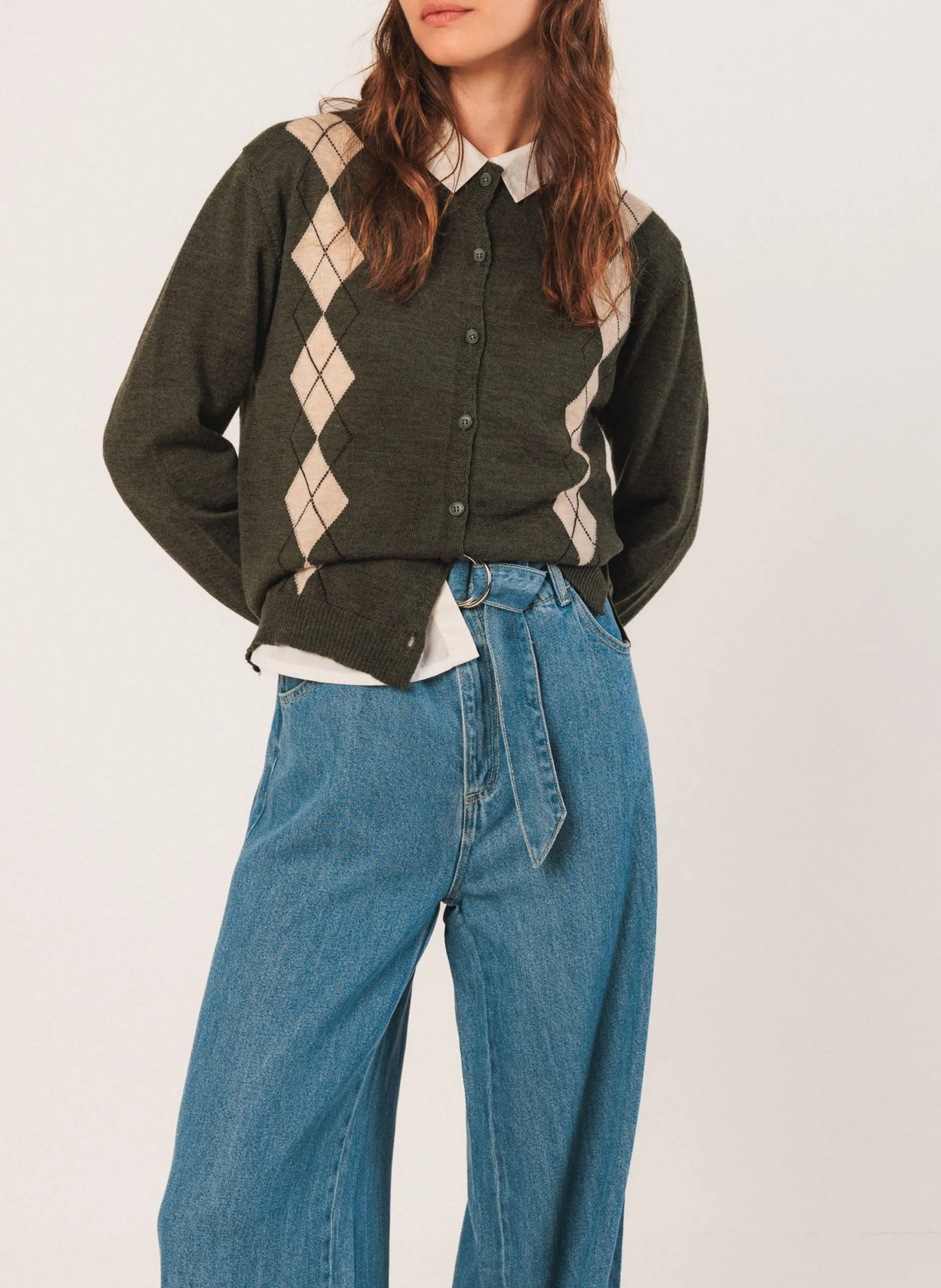 Cardigan à motifs en laine Vert