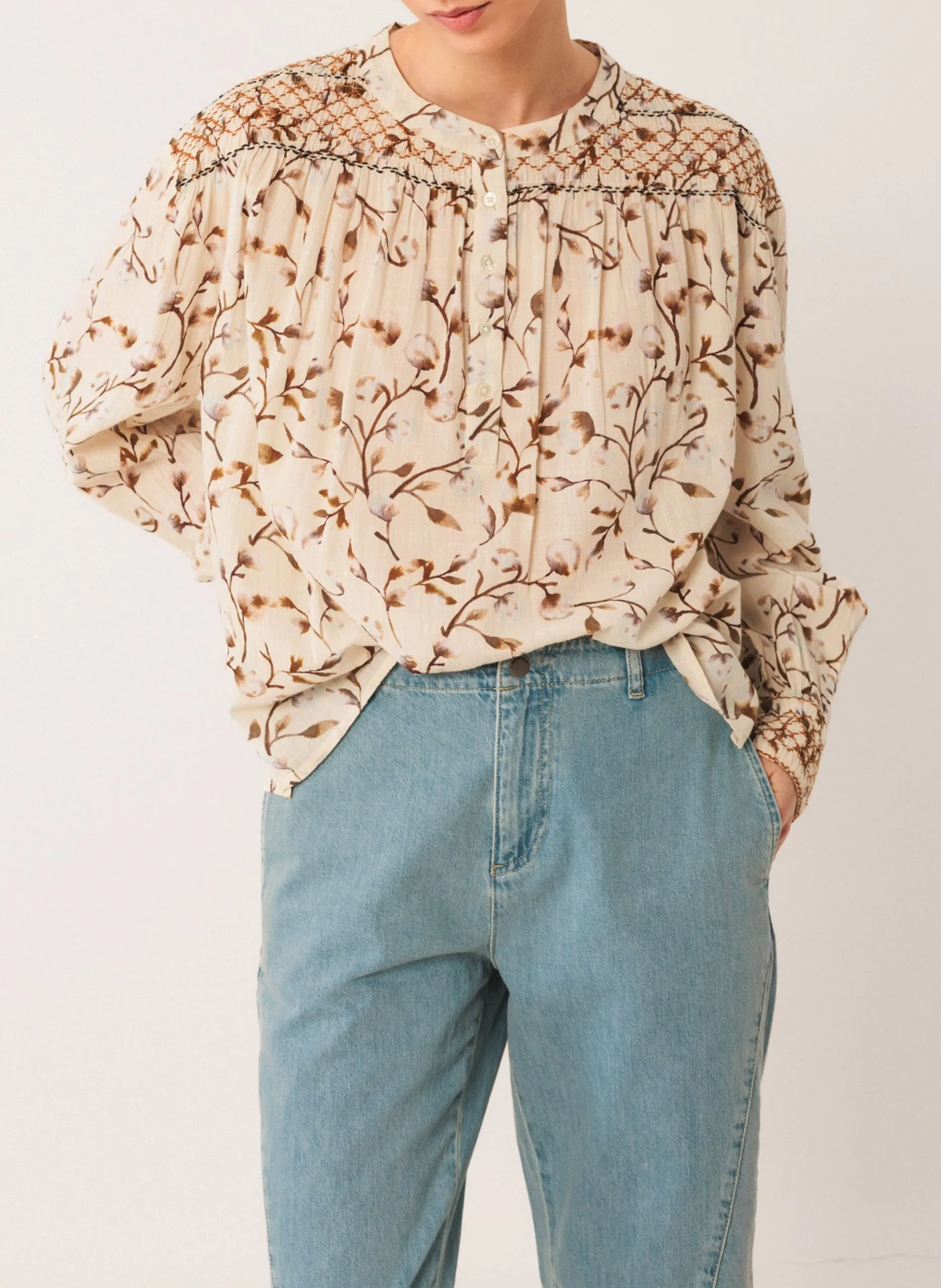 Blouse ample col rond en coton Marron