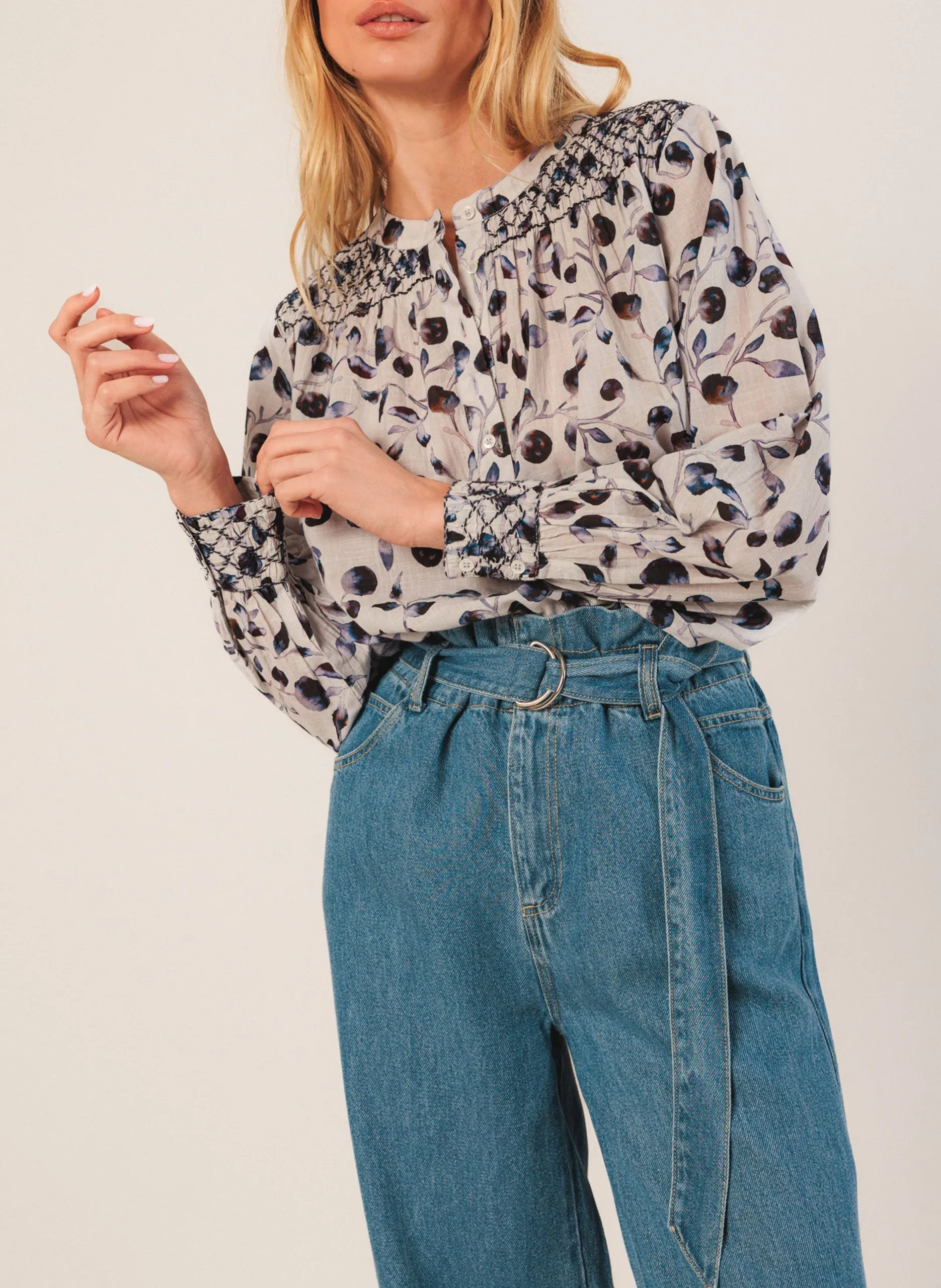 Blouse ample col rond en coton Bleu