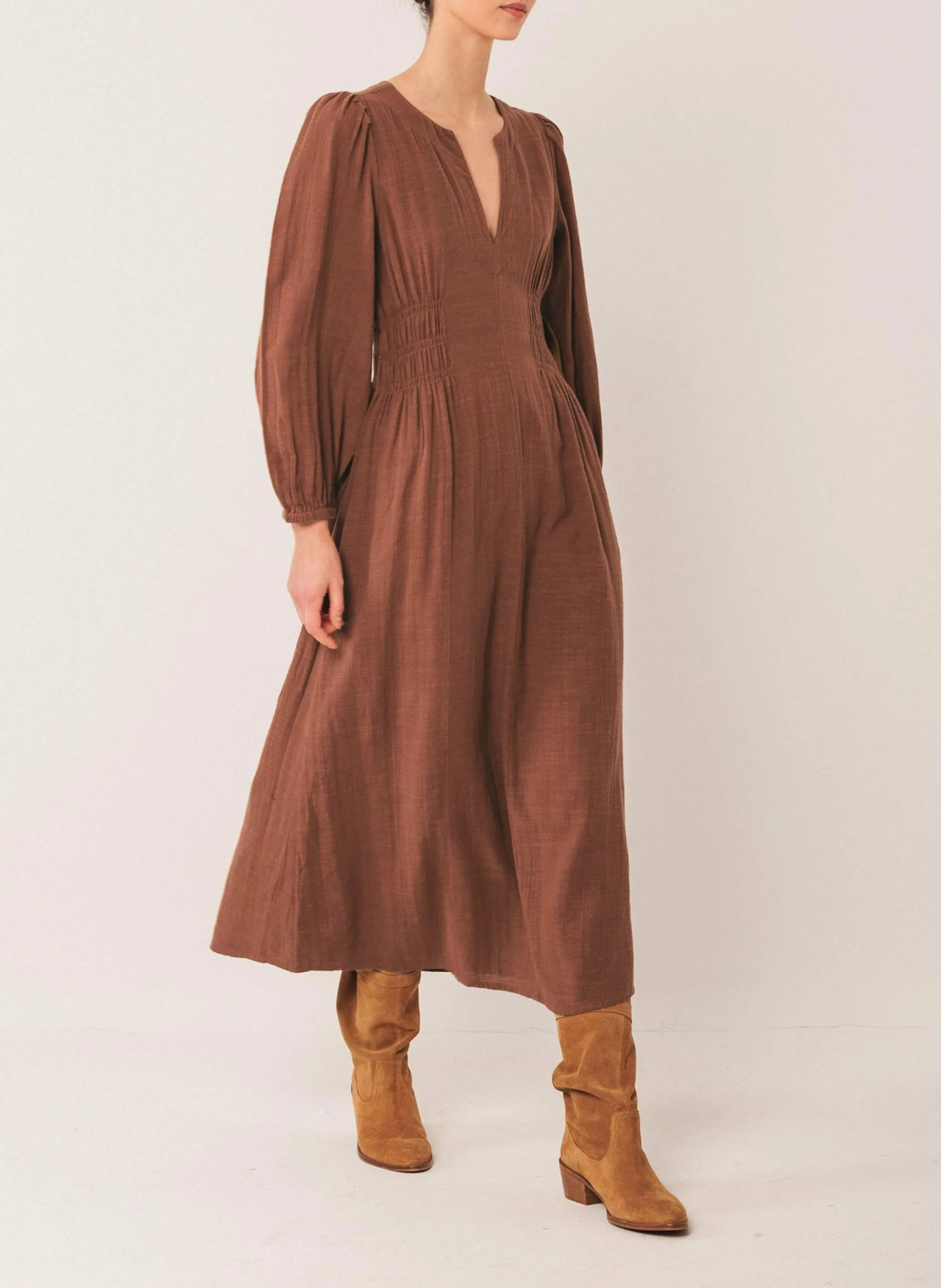 Robe longue évasée en coton bio Marron
