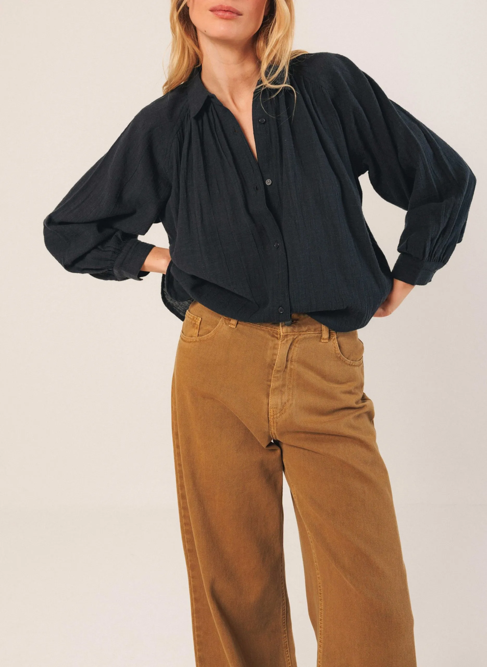 Chemise ample col classique en coton bio Bleu