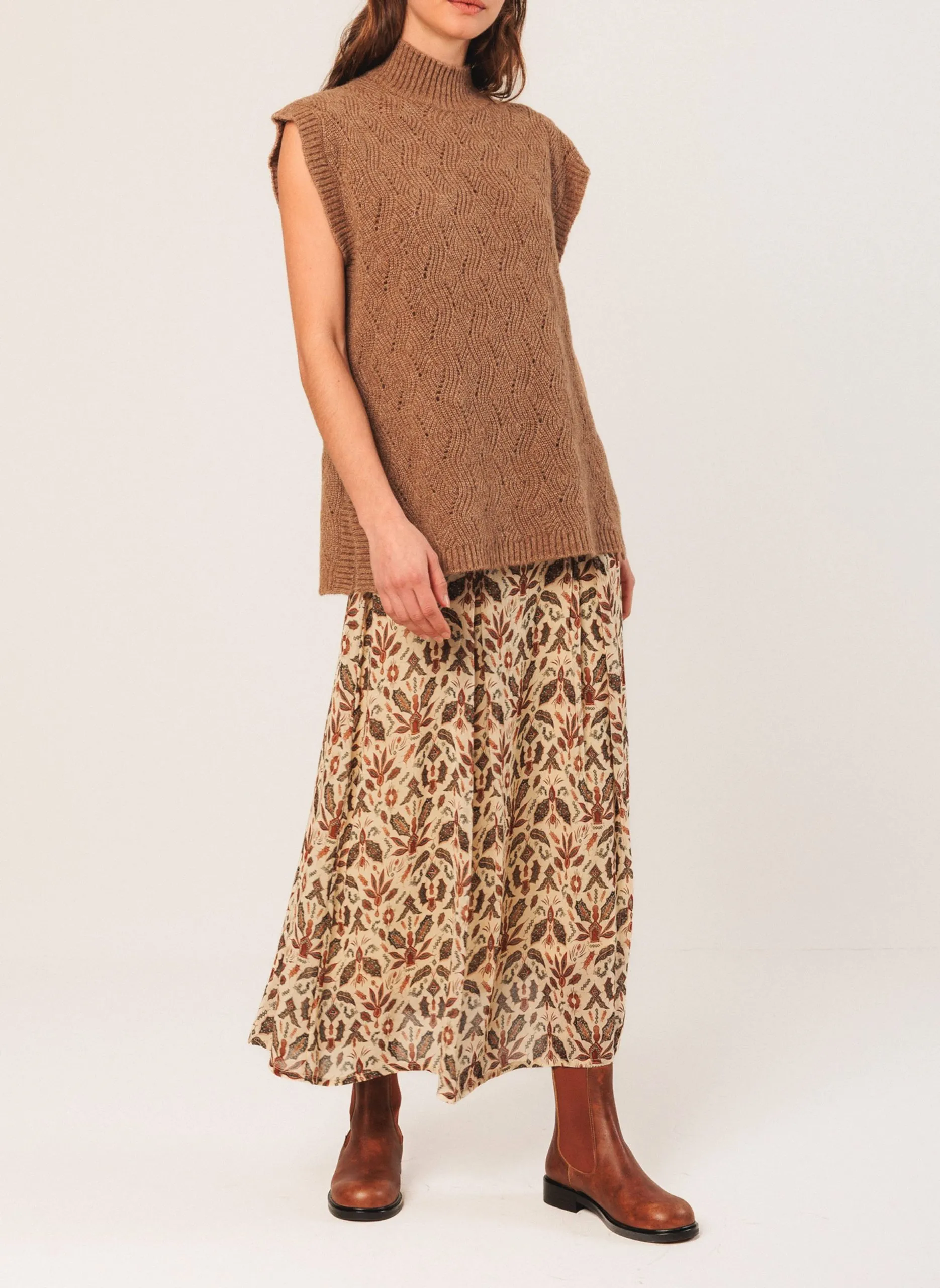 Pull col montant en laine mélangée Marron