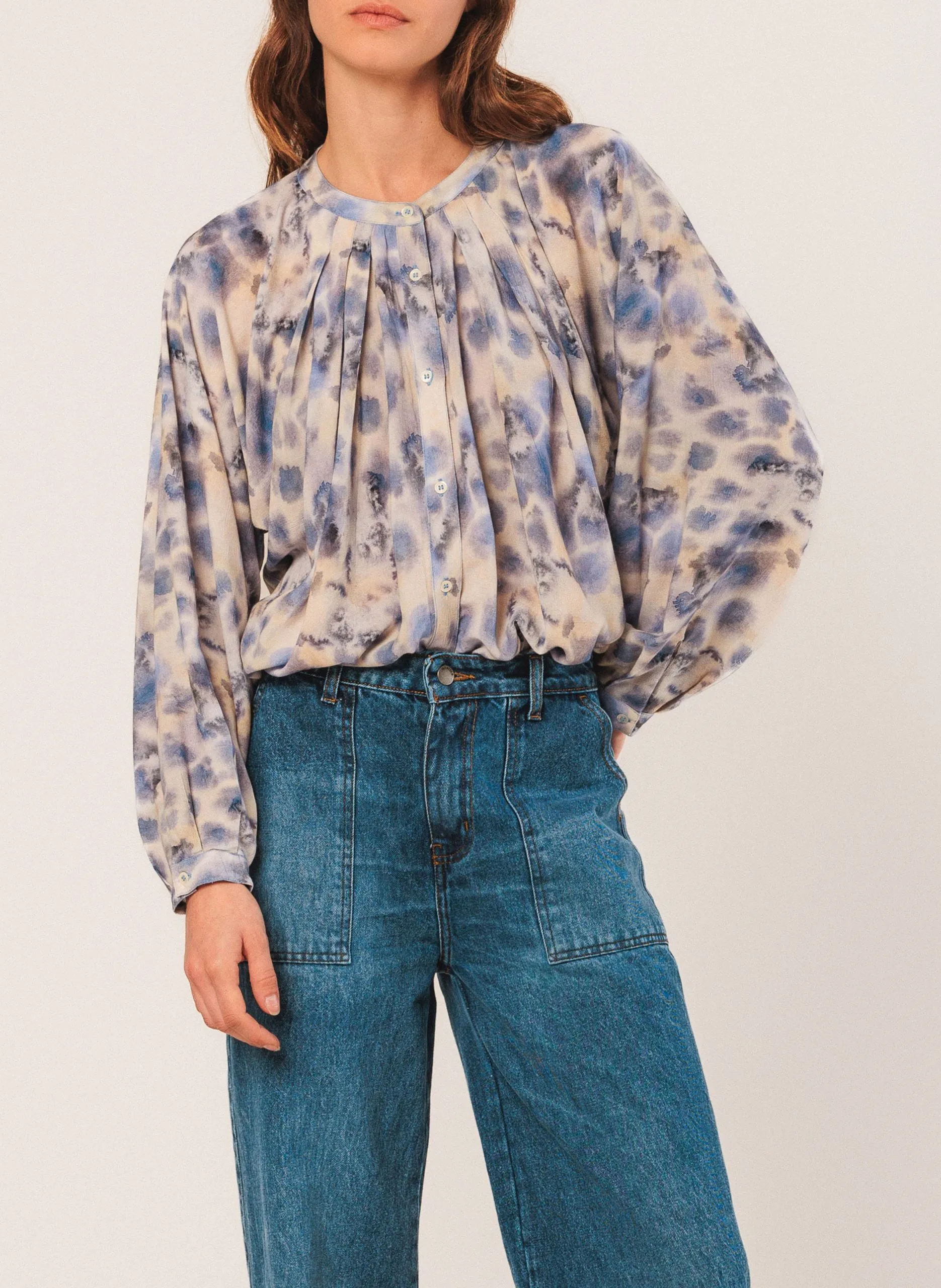 Blouse col rond plissée aquarelle Bleu