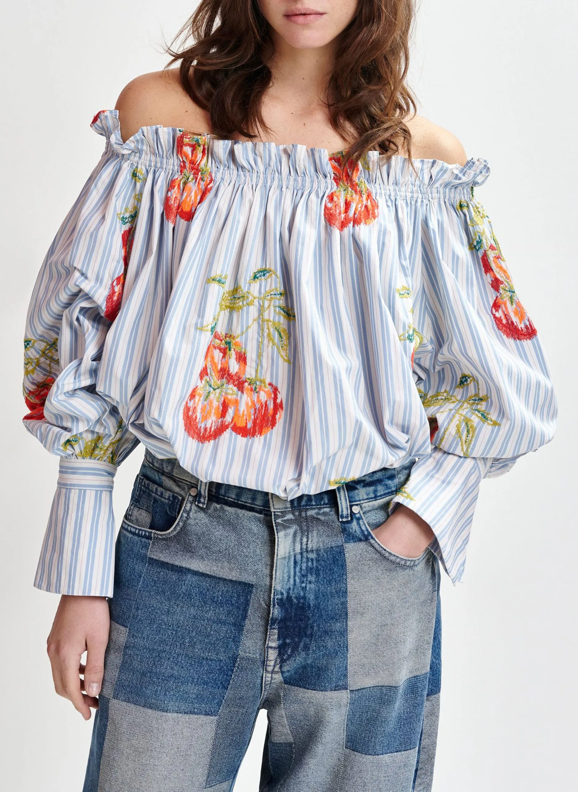 Chemise épaules dénudées à rayures Bleu IHANDSTAND