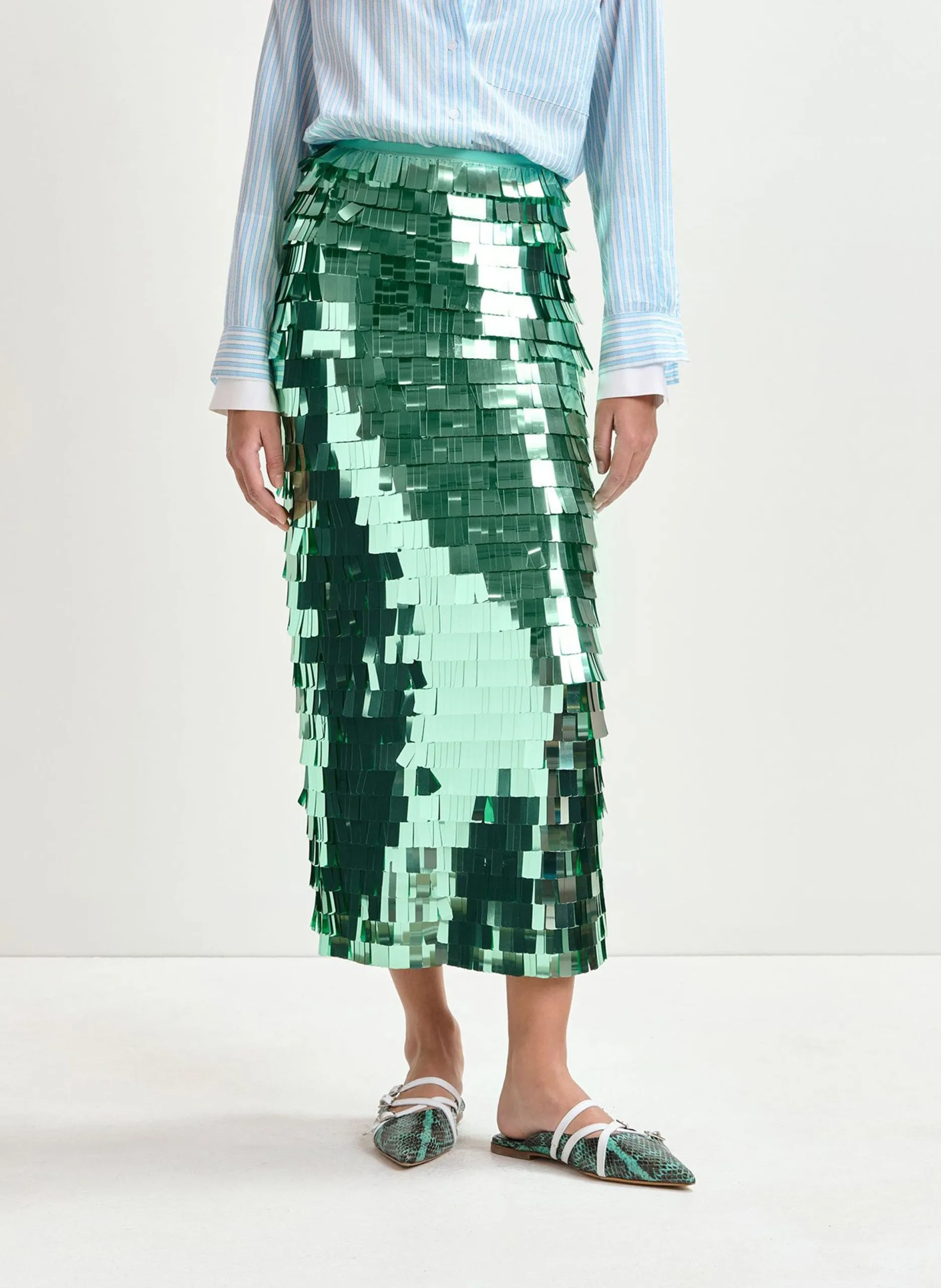Jupe midi droite à paillettes Vert IHOED