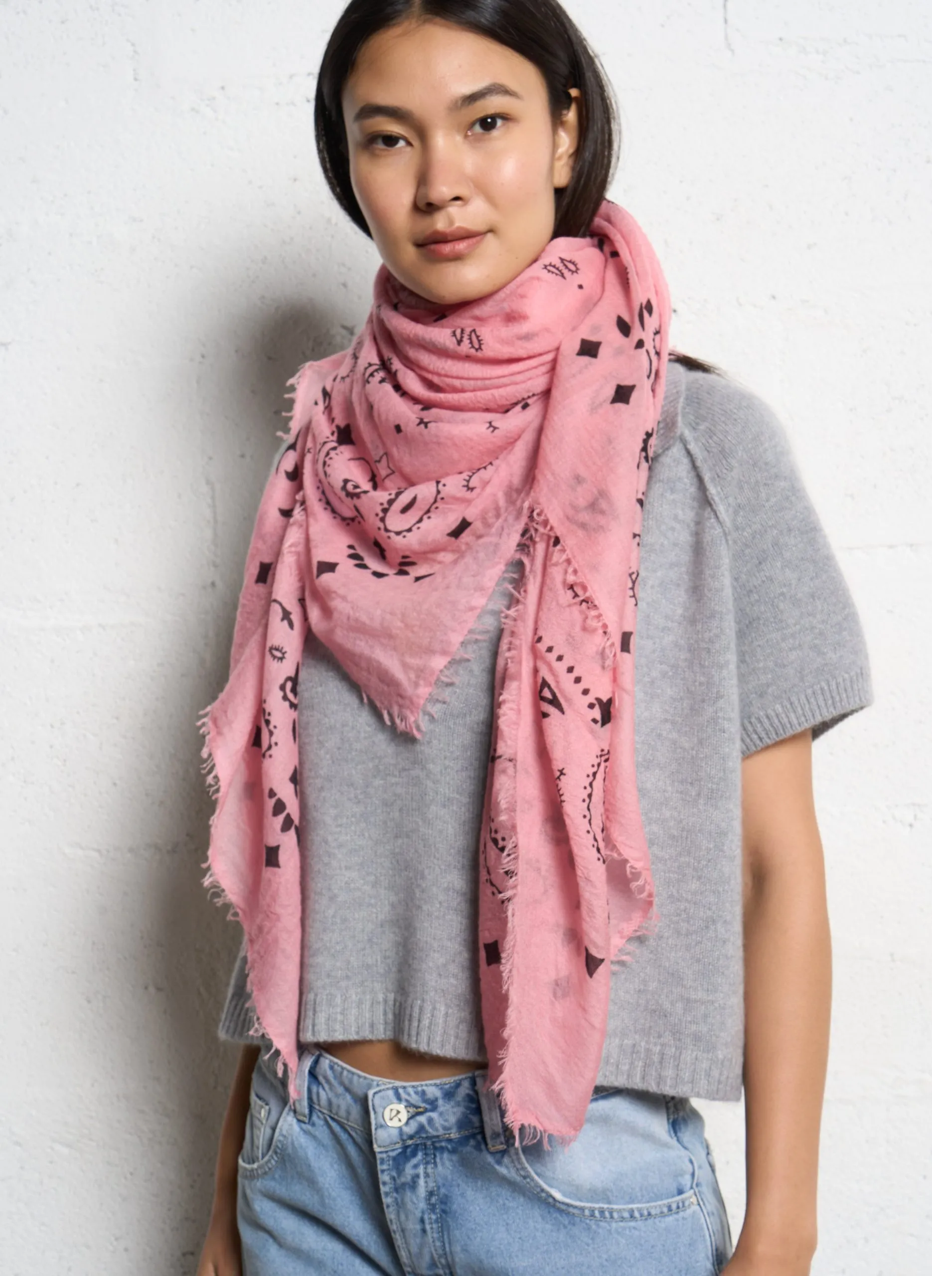 Foulard imprimé en voile de cachemire Rose EFFY