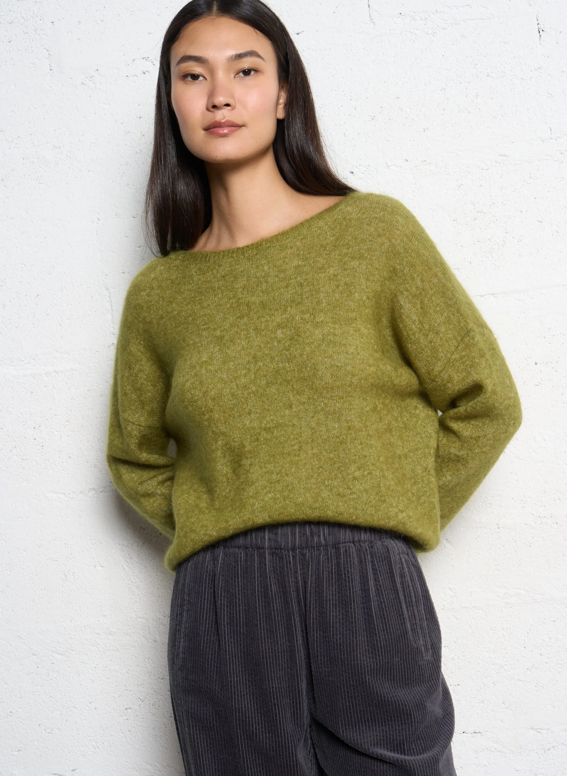 Pull ample col bateau en laine mélangée Vert JUNE