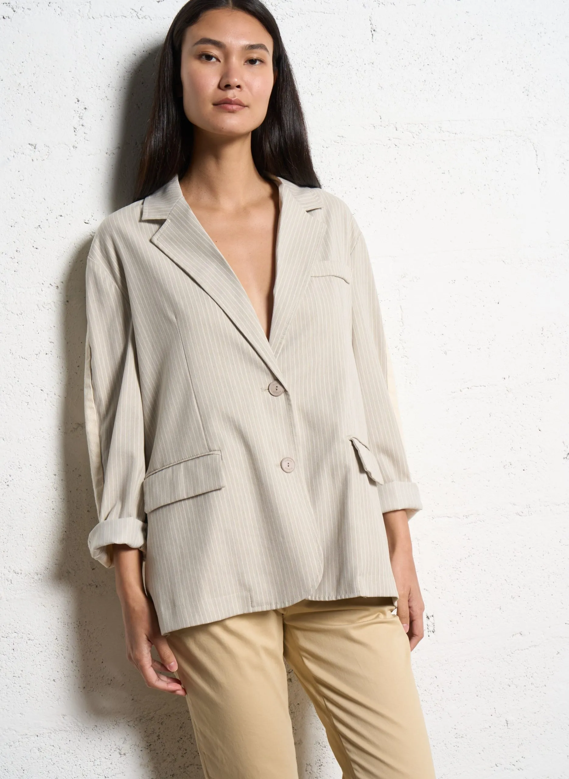 Veste de tailleur oversize bi-matière Beige