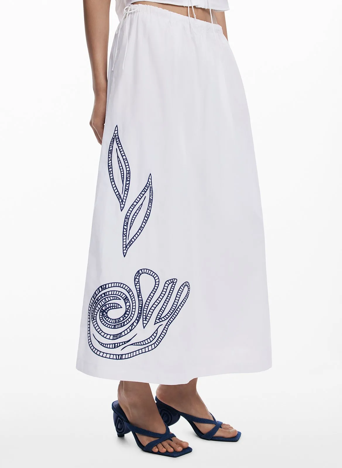 Jupe midi évasée à broderies Blanc
